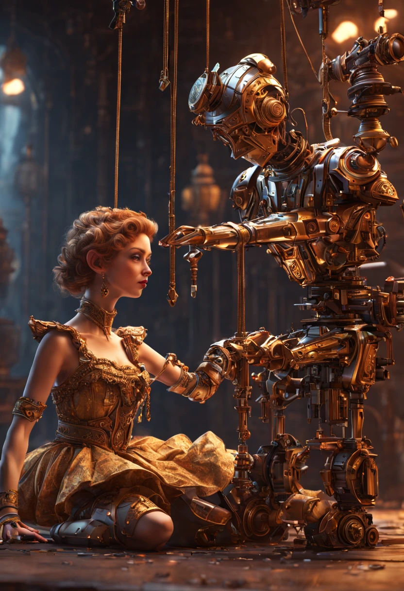 Mechanical Puppet, aesthetic, friendly marionette puppet helping a fallen marionette puppet. theatre background, WLOP, Josephine Wall, ultra detailed! High res, 8k resolution concept art, Behance HD, complementary colors, digital art, golden ratio, shadow depth, Unreal Engine 5, elaborate, meticulous, intricate mech details, ground level shot, 8K resolution, Cinema 4D, Behance HD, polished metal, Unreal Engine 5, rendered in Blender, sci-fi, futuristic, trending on Artstation, epic, cinematic background, dramatic, atmospheric