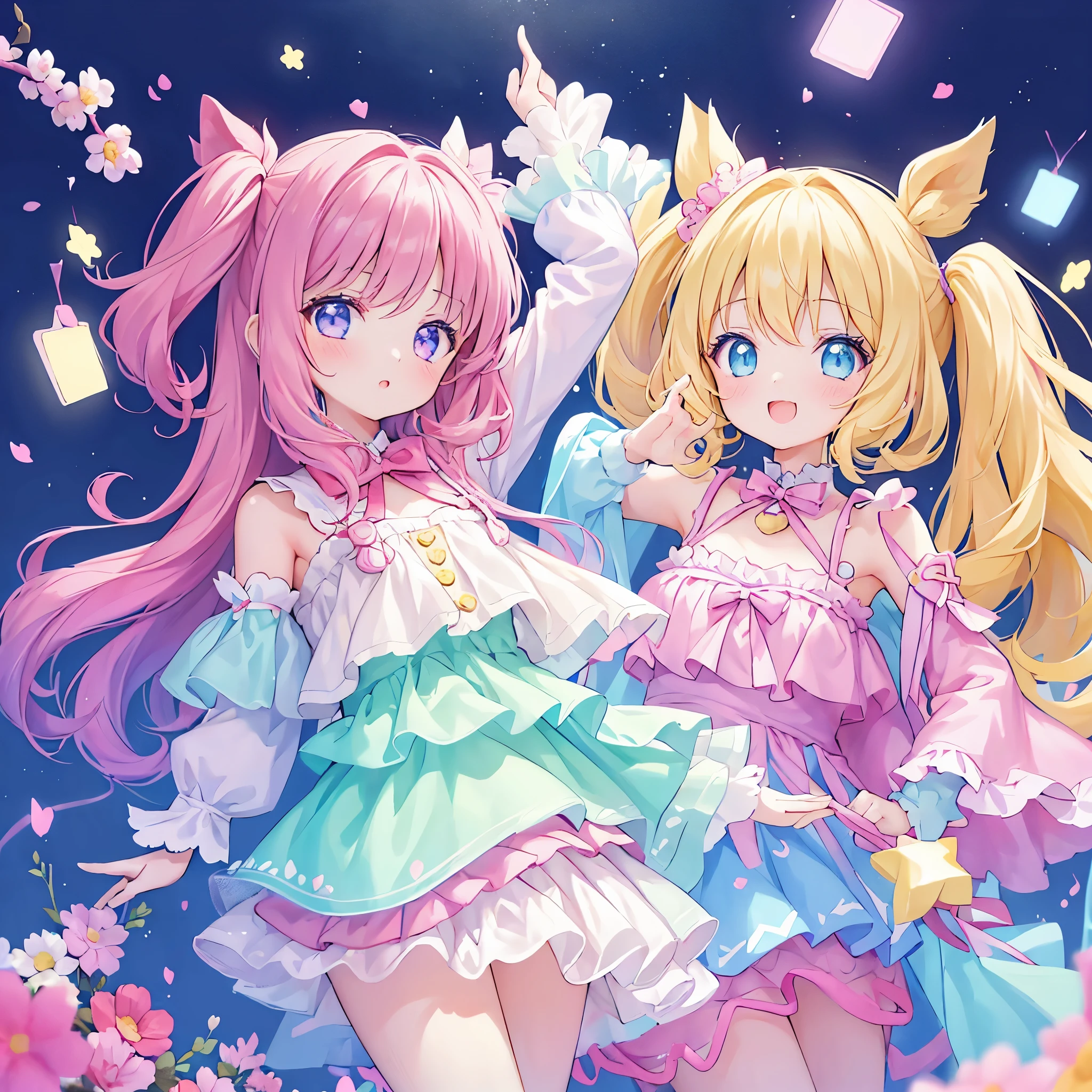 masterpiece, (2 girls and 2 girls), Idol, close, Big eyes, cutetech, cute, cute, pastel colour, highest quality, Happy, deep background, symmetrical, tilted head, spring