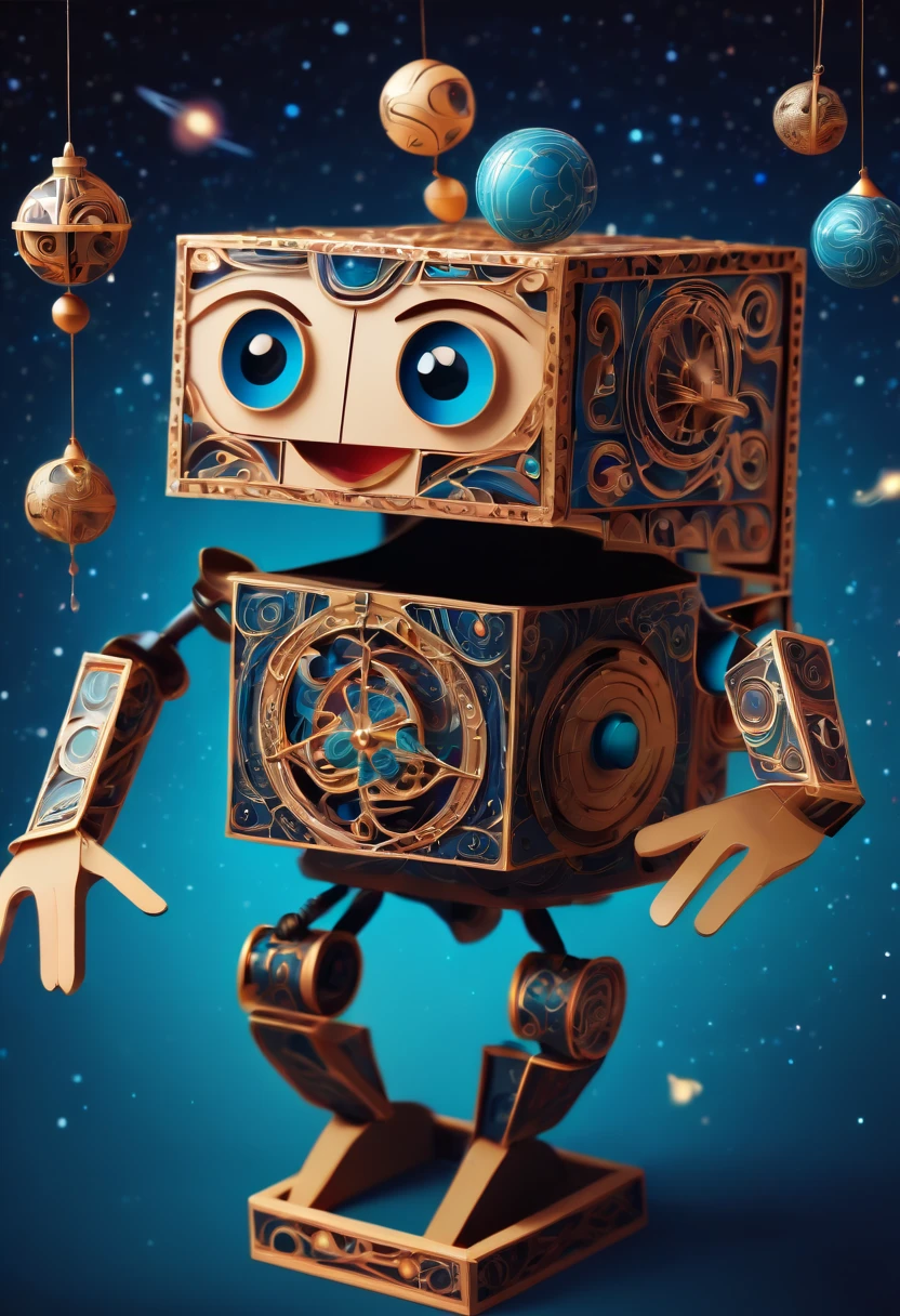 (best quality, highres, ultra sharp), magical Mechanical puppet in The Box Toy Surprise Boxes with Spring , about the curvature of space time, jumping from the box, art deco, zentangle, full colored,3d crunch, cinematic
