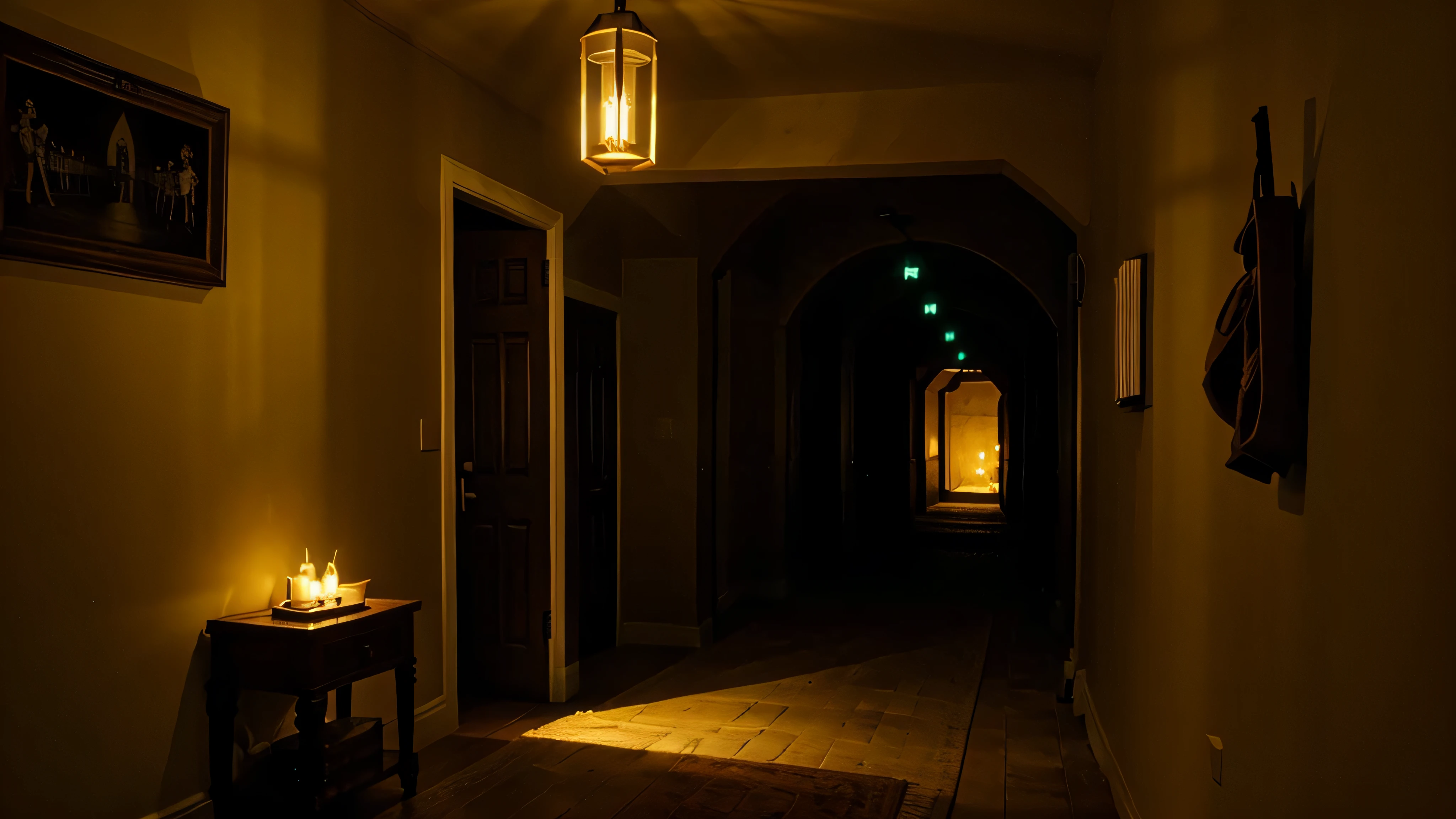 Hallway dungeon enlightened by torches emitting a yellow light