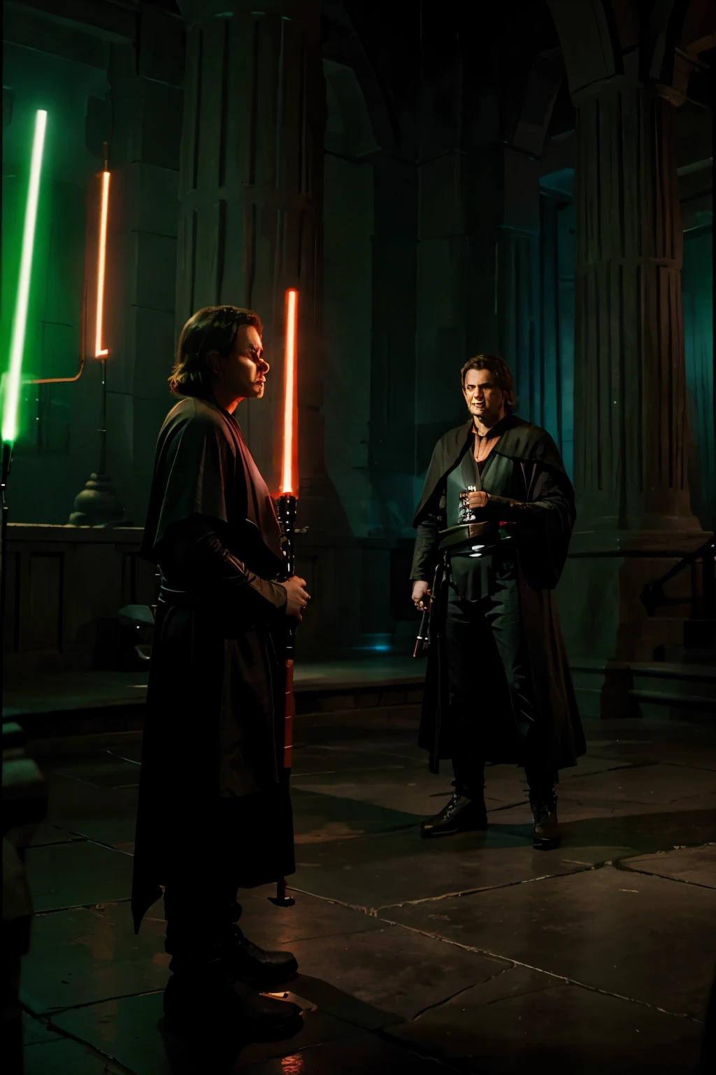 jedi with green lightsaber surrounded by three sith with red lightsabers in jedi temple ruin at night