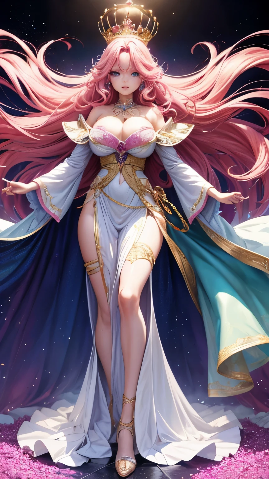 (highres, realistic, vivid colors),pink hair, long, detailed strands, flowing, ethereal, soft waves, shiny, vibrant, pastel pink, luscious, beautiful girl, bright blue eyes, perfect eyes, perfect hands, perfect legs, mesmerizing, gracefully flowing locks. Queen robes, gold jewel encrusted crown, large tits, (full Body:1.5), hyper realism, 8k, vibrant colors, sharp image