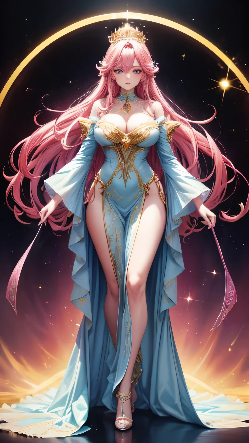 (highres, realistic, vivid colors),pink hair, long, detailed strands, flowing, ethereal, soft waves, shiny, vibrant, pastel pink, luscious, beautiful girl, bright blue eyes, perfect eyes, perfect hands, perfect legs, mesmerizing, gracefully flowing locks. Queen robes, gold jewel encrusted crown, large tits, (full Body:1.5), hyper realism, 8k, vibrant colors, sharp image