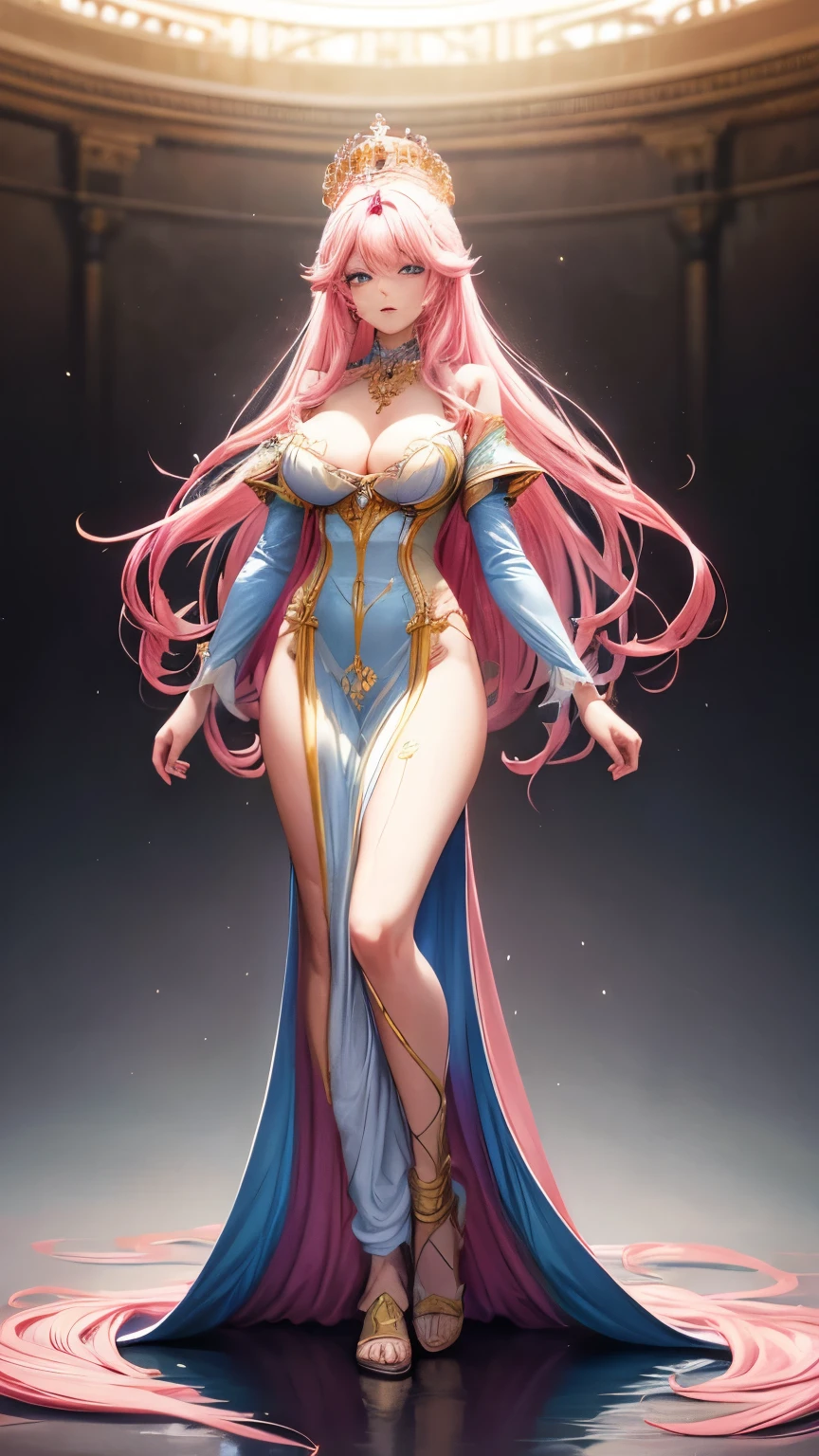 (highres, realistic, vivid colors),pink hair, long, detailed strands, flowing, ethereal, soft waves, shiny, vibrant, pastel pink, luscious, beautiful girl, bright blue eyes, perfect eyes, perfect hands, perfect legs, mesmerizing, gracefully flowing locks. Queen robes, gold jewel encrusted crown, large tits, (full Body:1.5), hyper realism, 8k, vibrant colors, sharp image