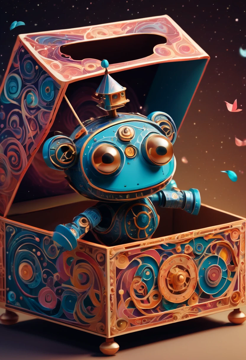 (best quality, highres, ultra sharp), magical Mechanical puppet in The Box Toy Surprise Boxes with Spring , about the curvature of space time, jumping from the box, art deco, zentangle, full colored,3d crunch, cinematic