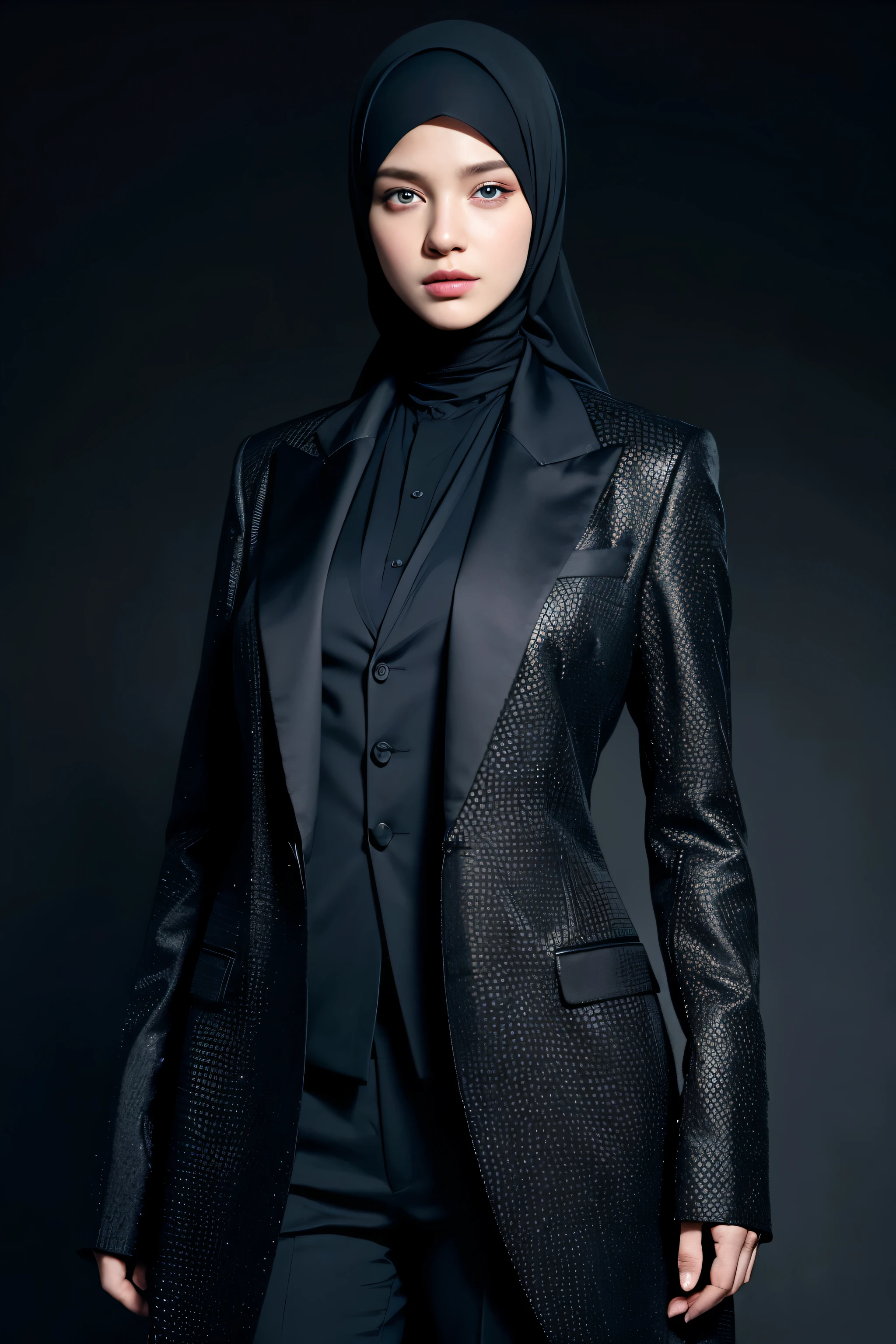 Best quality, masterpiece, ultra high res, (photorealistic:1.4), raw photo, 1girl, black hijab, blue eyes, detailed eyes and face, man in black formal suit, dynamic lighting, in the dark, deep shadow, low key, full-length body