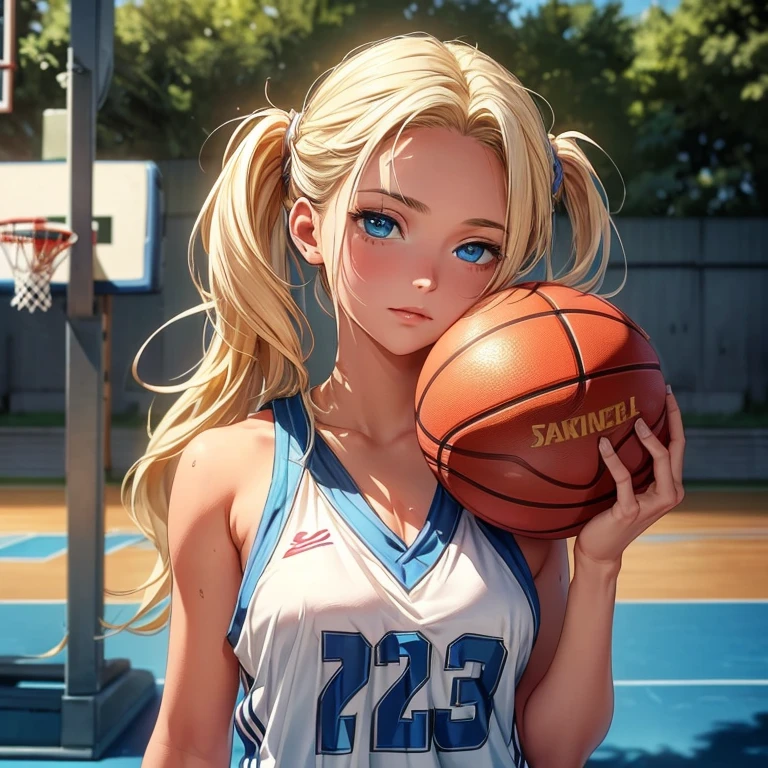 (Stunningly realistic masterpiece of a young girl with) glistening blond hair, meticulously middle-parted and tidily tied up, (beautifully framing her) captivating blue eyes, (adorned only in a fitted basketball shirt), Leaning casually against the hoop of a (well-worn basketball court), (Her arms akimbo, revealing a hint of toned muscles at her armpits), and (the sun casting an elegant glow on her collarbone), Painting this scene with utmost care and precision, bringing out the intricate details of her textured hair and the subtle warmth of her skin, (The basketball court behind her filled with bold, l