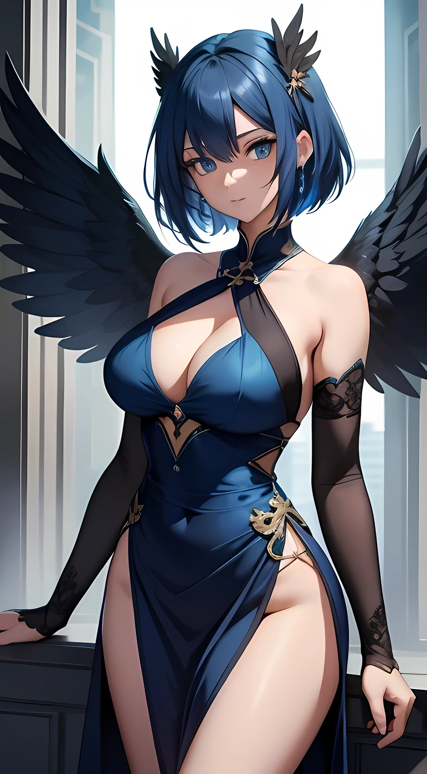 Tall girl, Short blue hair, blue eyes, Black Chinese dress, Blue inserts, open shoulders, big angel wings, Masterpiece, hiquality, high detail, HD, 4k