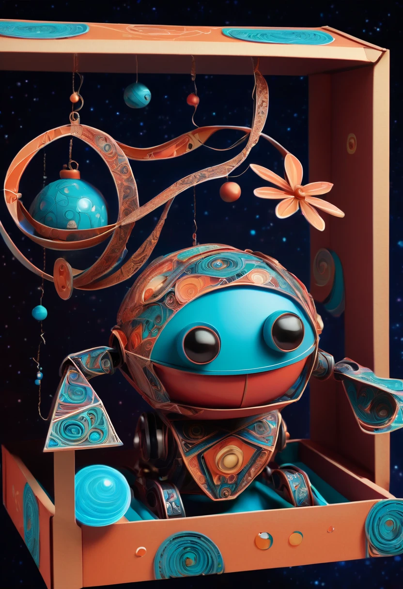 (best quality, highres, ultra sharp), magical Mechanical puppet in The Box Toy Surprise Boxes with Spring , about the curvature of space time, jumping from the box, art deco, zentangle, full colored,3d crunch, cinematic