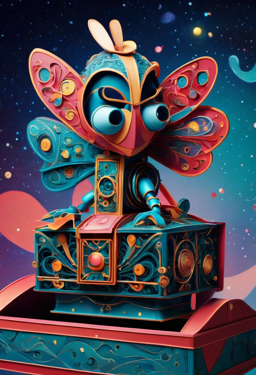(best quality, highres, ultra sharp), magical Mechanical puppet in The Box Toy Surprise Boxes with Spring , about the curvature of space time, jumping from the box, art deco, zentangle, full colored,3d crunch, cinematic