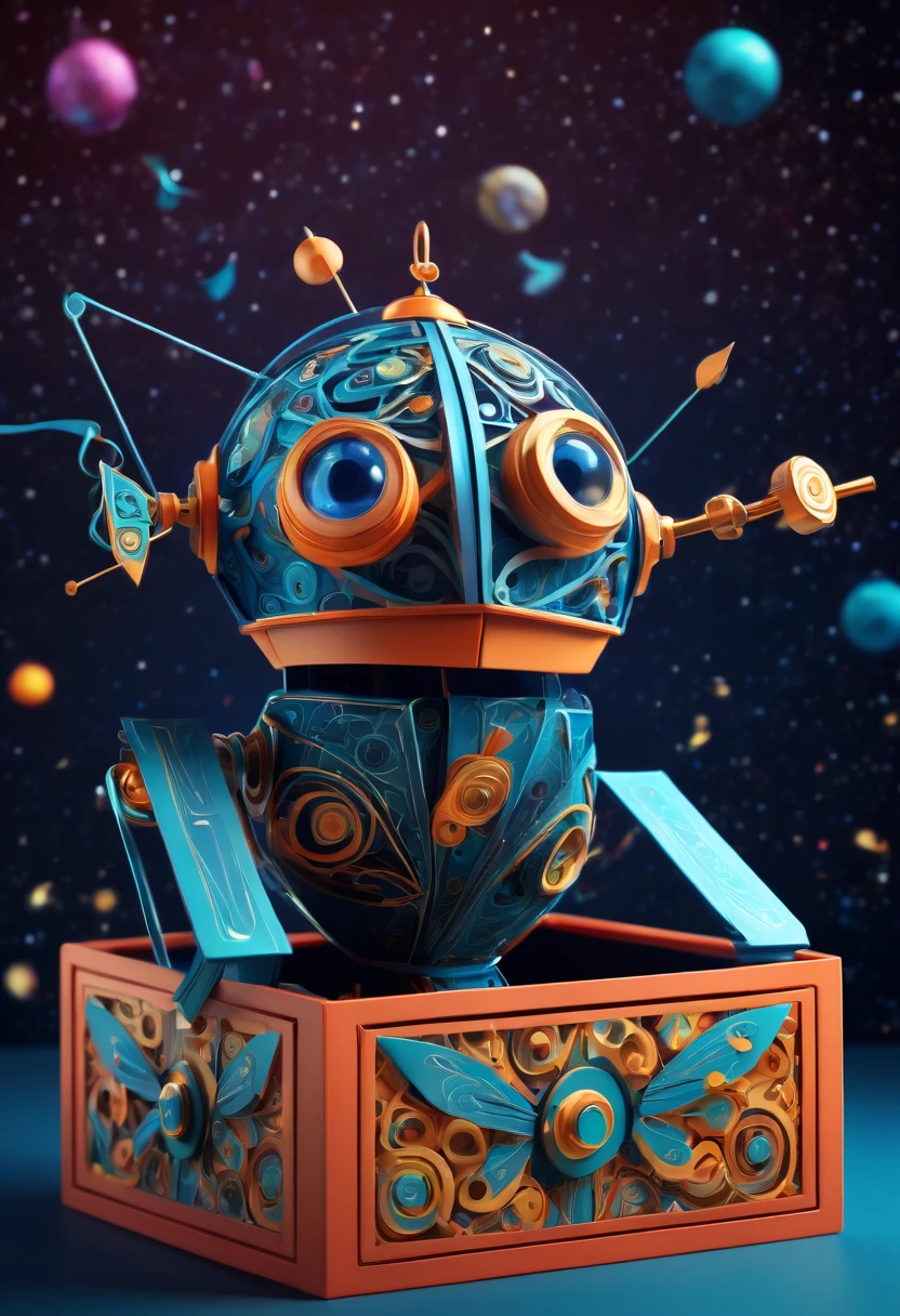 (best quality, highres, ultra sharp), magical Mechanical puppet in The Box Toy Surprise Boxes with Spring , about the curvature of space time, jumping from the box, art deco, zentangle, full colored,3d crunch, cinematic