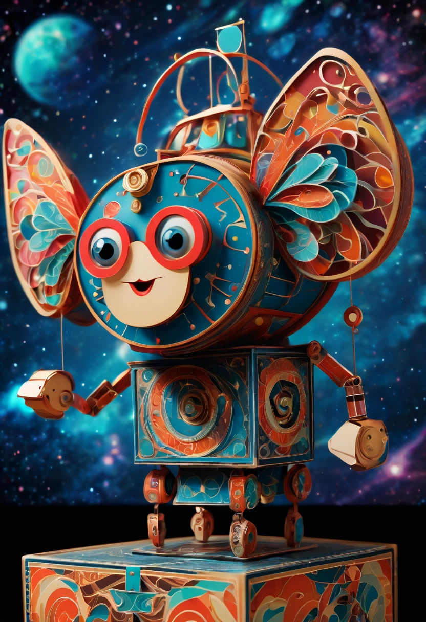 (best quality, highres, ultra sharp), magical Mechanical puppet in The Box Toy Surprise Boxes with Spring , about the curvature of space time, jumping from the box, art deco, zentangle, full colored,3d crunch, cinematic