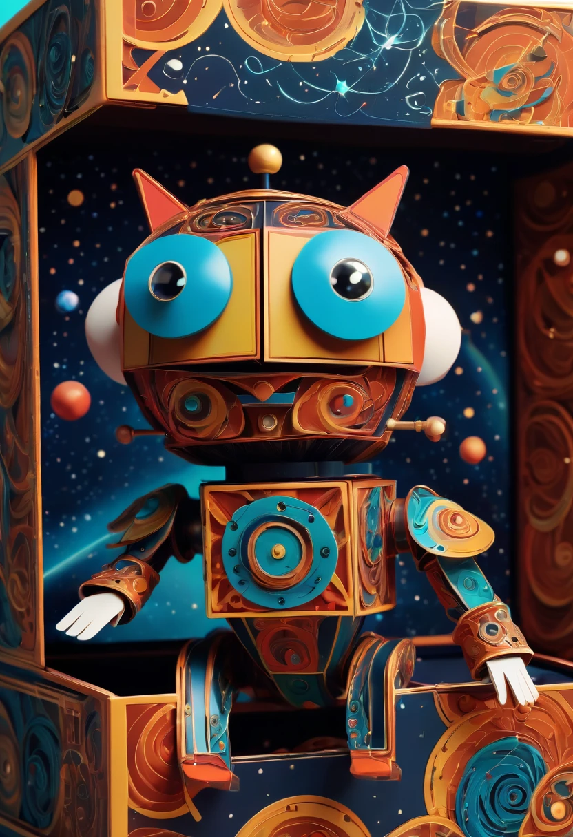 (best quality, highres, ultra sharp), magical Mechanical puppet in The Box Toy Surprise Boxes with Spring , about the curvature of space time, jumping from the box, art deco, zentangle, full colored,3d crunch, cinematic
