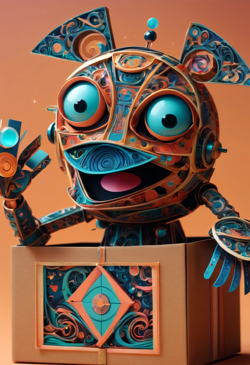 (best quality, highres, ultra sharp), magical Mechanical puppet in The Box Toy Surprise Boxes with Spring , about the curvature of space time, jumping from the box, art deco, zentangle, full colored,3d crunch, cinematic