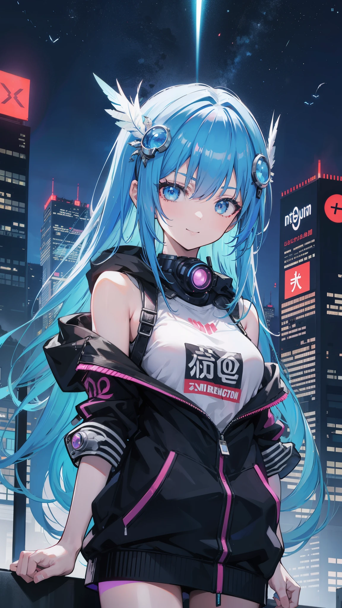(masutepiece), Best Quality, 超A high resolution,, Cyberpunk 1 girl flies over stunning cityscapes ,Hoodie,Blue hair, neon color流れ星, Very long hair, off shoulders, feathers hair ornament, neon color, flashes, stunning night sky, Cinematic lighting, Photorealistic, Realistic skin, Fisheye, (32k), smile,