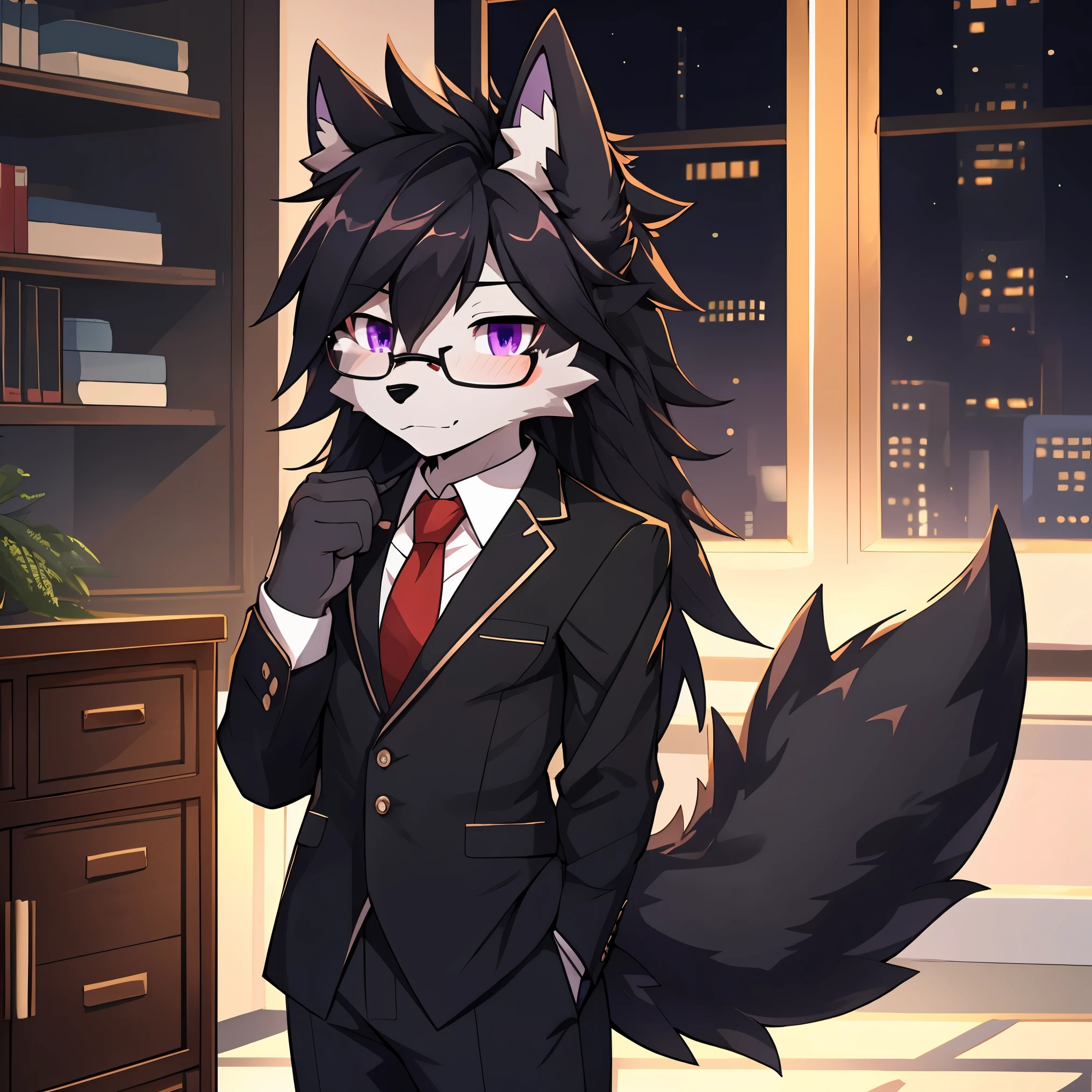 Business suit、black furry dragon, long black spiky hair, wearing glasses, purple eyes, one tail, fluffy tail, black fur, furry , cute, small, blushing
