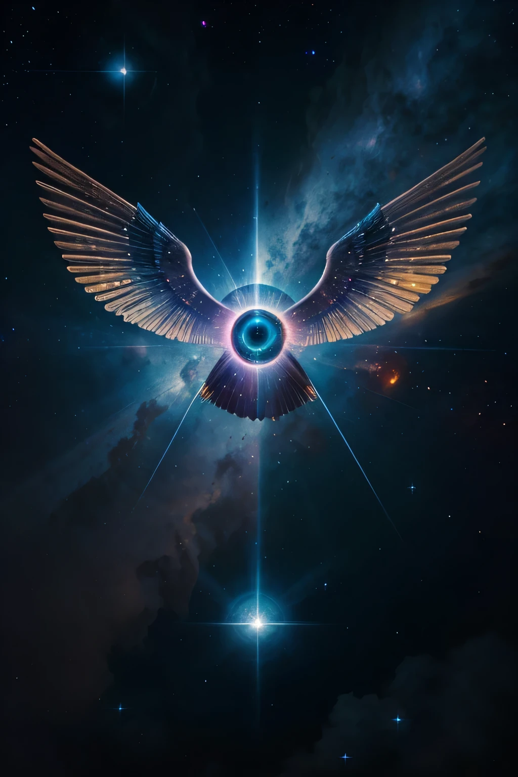 Celestial eye with cosmic wings in the cosmos.