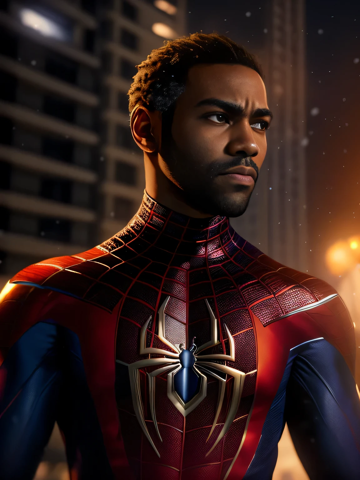 aranha - homem de terno parado na neve em uma cidade, milhares de moral, milhares de moral!!!, donald glover as milhares de moral, ps5 cinematic screenshot, estilo futurista do homem aranha, Peter Parker, jogo ps5, 8K portrait rendering, Captura de tela do videogame 2020, retrato do homem aranha, aranhaverso, no ps5, hero pose colorful city lighting