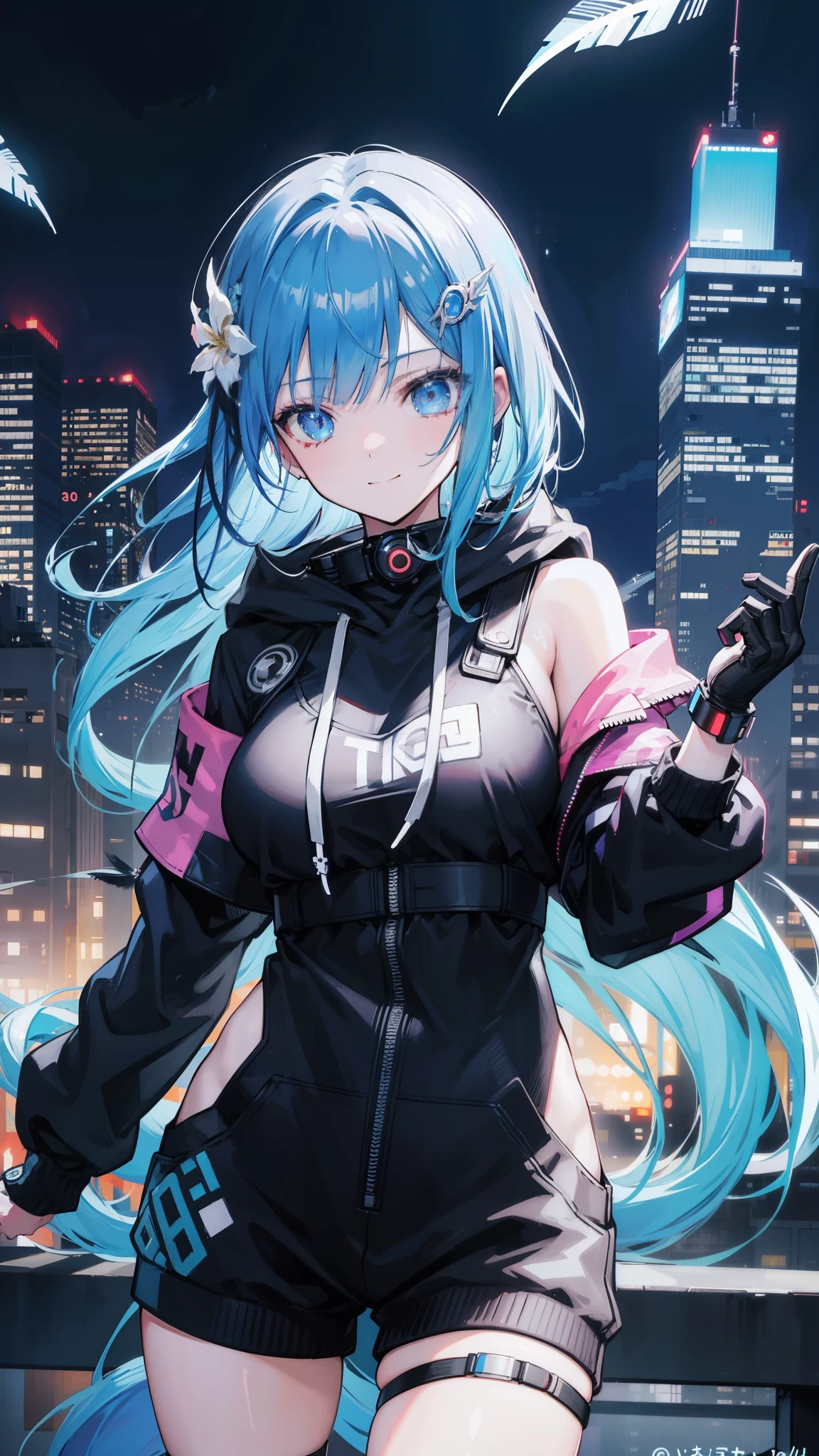 (masutepiece), Best Quality, 超A high resolution,, Cyberpunk 1 girl flies over stunning cityscapes ,Hoodie,Blue hair, neon color流れ星, Very long hair, off shoulders, feathers hair ornament, neon color, flashes, stunning night sky, Cinematic lighting, Photorealistic, Realistic skin, Fisheye, (32k), smile,