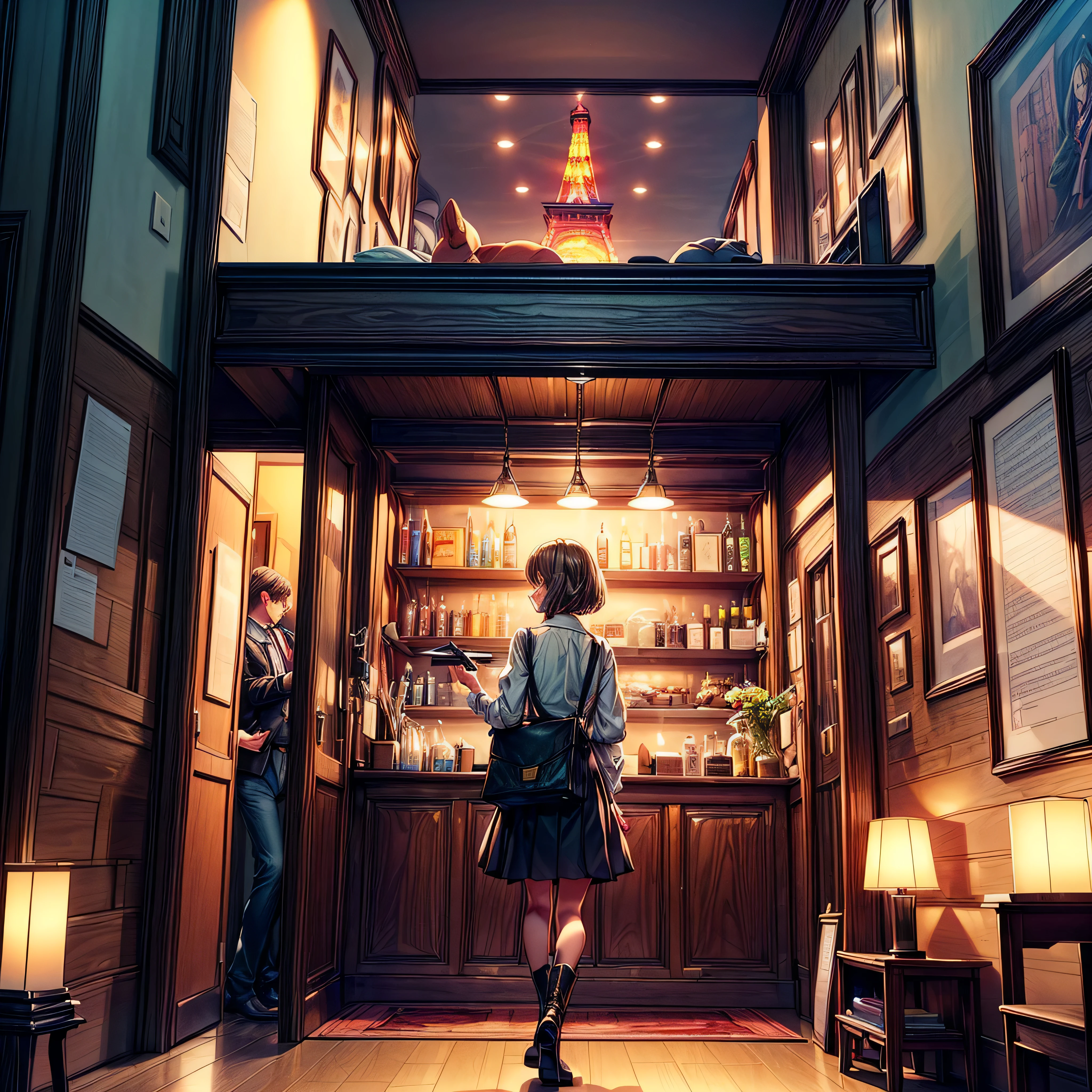 (epic Masterpiece, ultra highest quality, ulra highest resolution, ulra high-definition, distinct_image, very elaborate CG, cinematic lighting, ray tracing, drop shadows, detailed detail, (photorealistic: 1.4), ultra high quality textures, fine-grained, realistic face expression): (lone girl, face is Japan, brown short hair, small size breasts, sparkling eyes, Eye level shot, happy smile, beauty, slim body, holiday, own room, console game, computer, display, keyboard, mouse, long leather skirt, collared shirt, leather vest, handgun holder, carrying leather bag on your back, long boots, antique radio, coffee, model train, bookshelf, spacious yellowchair, Pots, fans, paintings, stuffed animals, ties, notebooks, stationery, vases, photo frames, letters, fountain pens, calendars, lamps, cushions, baskets, mirrors reflecting in profile, candles, telephone, fruit, newspapers, sweets, city Eiffel view outside the window), Pendulum clock frog varied multi etc. --v6 --s1000 --c20 --q5 --chaos100