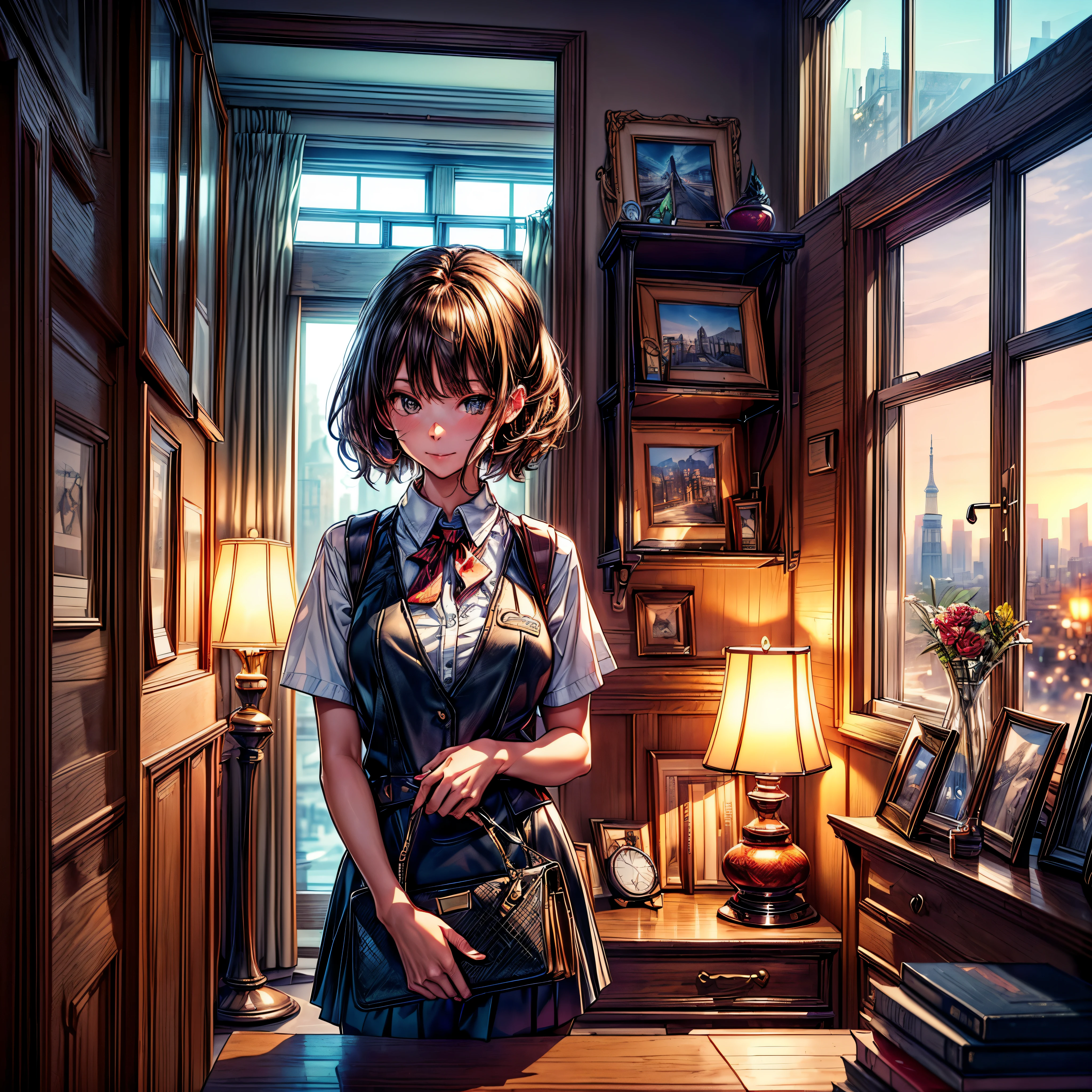 (epic Masterpiece, ultra highest quality, ulra highest resolution, ulra high-definition, distinct_image, very elaborate CG, cinematic lighting, ray tracing, drop shadows, detailed detail, (photorealistic: 1.4), ultra high quality textures, fine-grained, realistic face expression): (lone girl, face is Japan, brown short hair, small size breasts, sparkling eyes, Eye level shot, happy smile, beauty, slim body, holiday, own room, console game, computer, display, keyboard, mouse, long leather skirt, collared shirt, leather vest, handgun holder, carrying leather bag on your back, long boots, antique radio, coffee, model train, bookshelf, spacious yellowchair, Pots, fans, paintings, stuffed animals, ties, notebooks, stationery, vases, photo frames, letters, fountain pens, calendars, lamps, cushions, baskets, mirrors reflecting in profile, candles, telephone, fruit, newspapers, sweets, city Eiffel view outside the window), Pendulum clock frog varied multi etc. --v6 --s1000 --c20 --q5 --chaos100