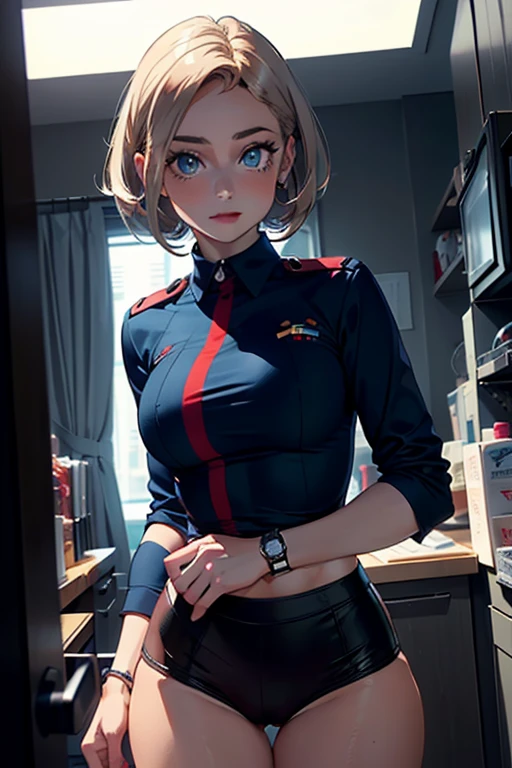 (((perfect anatomy, super detailed skin))), Mujer con outfit de secretaria, piel brillante, pechos grandes:, hermosos ojos detallados, ( dos coletas:1.7), cabello rubio, with beautiful detailed eyes, ((dark blue eyes)), solitary images, Cuerpo hermoso, Hermosos muslos, bonitas piernas, ((uniforme de oficina, camisa de manga corta azul claro, minifalda negra ajustada)