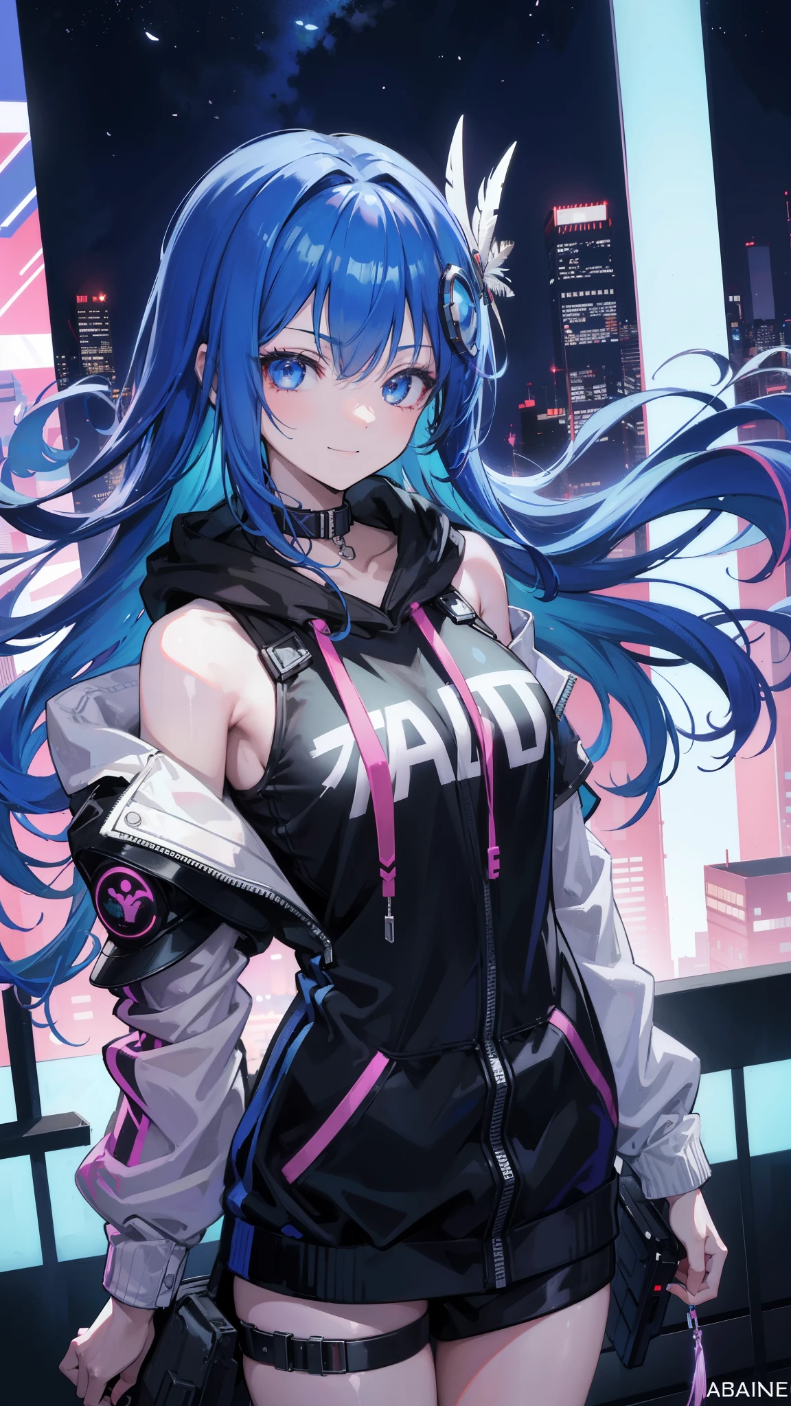 (masutepiece), Best Quality, 超A high resolution,, Cyberpunk 1 girl flies over stunning cityscapes ,Hoodie,Blue hair, neon color流れ星, Very long hair, off shoulders, feathers hair ornament, neon color, flashes, stunning night sky, Cinematic lighting, Photorealistic, Realistic skin, Fisheye, (32k), smile,