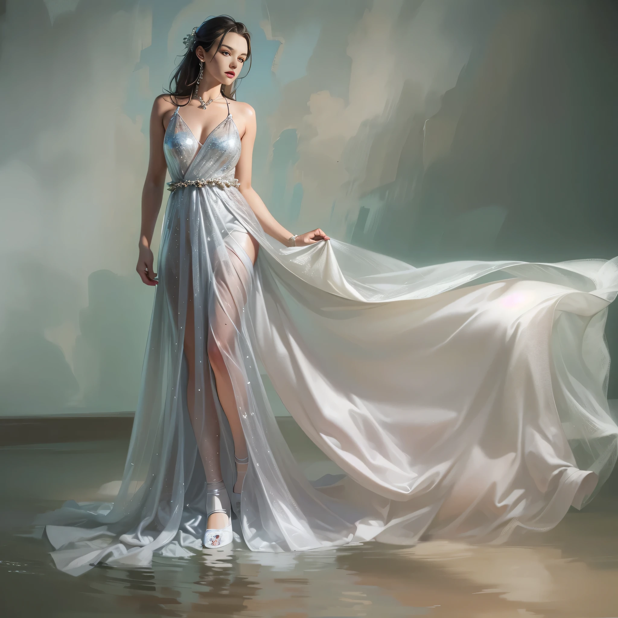 Beautiful woman in vey long translucent satin dress