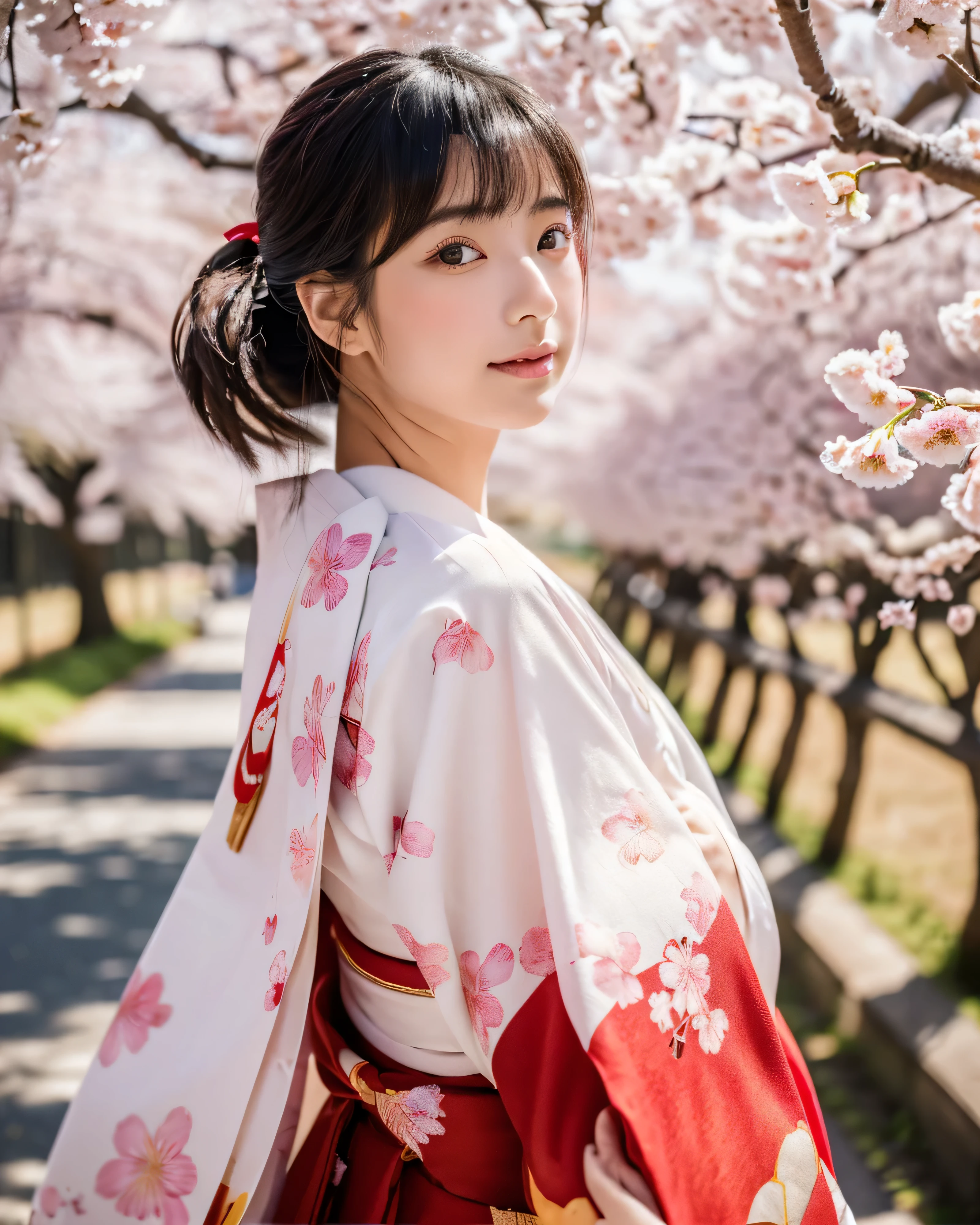 (highest quality, 8k, High resolution, masterpiece:1.5), 美new日本の女の子, perfect human anatomy, perfect hands, 14 years old, bright black hair, long straight hair, asymmetrical bangs, big magic eyes, High resolutionの丸い瞳, smooth soft skin, natural makeup, 優new微笑み, Japanese traditional red kimono, fine fabric, Luxury and gorgeous kimono, (whole body:1.3), ((early morning)), sunlight filtering through the trees,  (Cherry tree:0.9), (100+ Fluttering cherry blossom petals:1.5), sunlight filtering through the trees, professional lighting, professional photographer, god々new