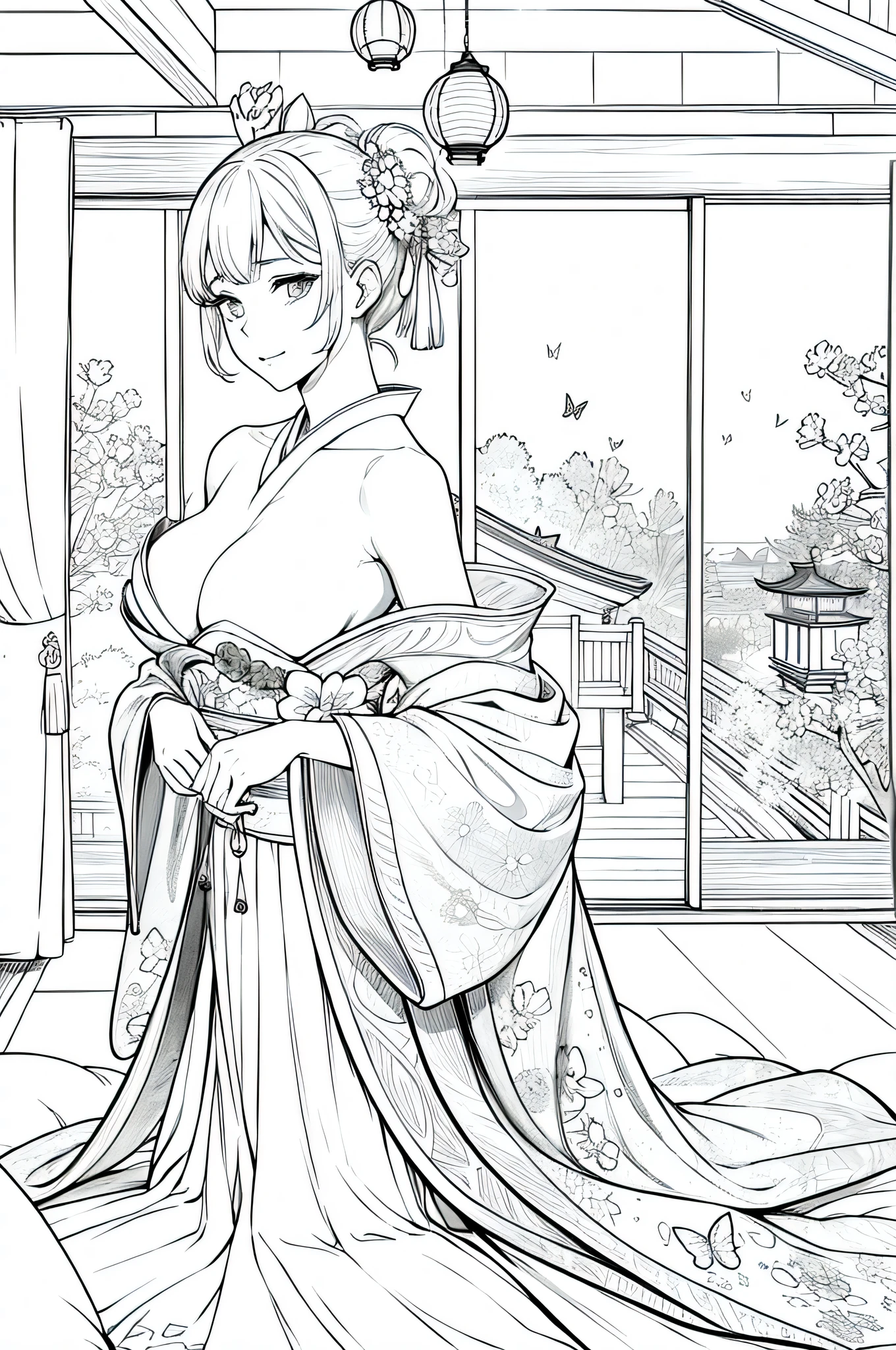 A woman dressed in a magnificent and beautiful uchikake with butterflies and flowers., NSFW, sexy, la mano se relaja en la sala de tatami. Tiene un rostro hermoso.. She is dressed in a luxurious kimono. . A magnificent folding screen. A lantern is lit in the dimly lit tatami room at night... El dibujo detallado sexy. alta calidad de imagen.
