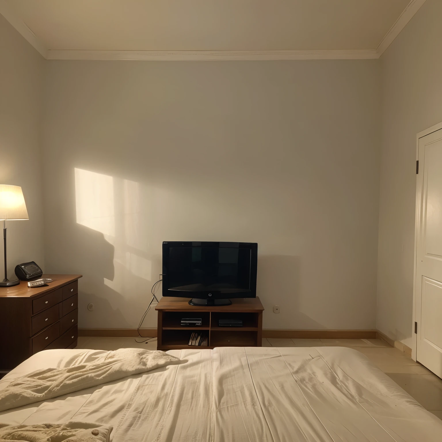Imagen de Cama y pelicula en tv al fondo