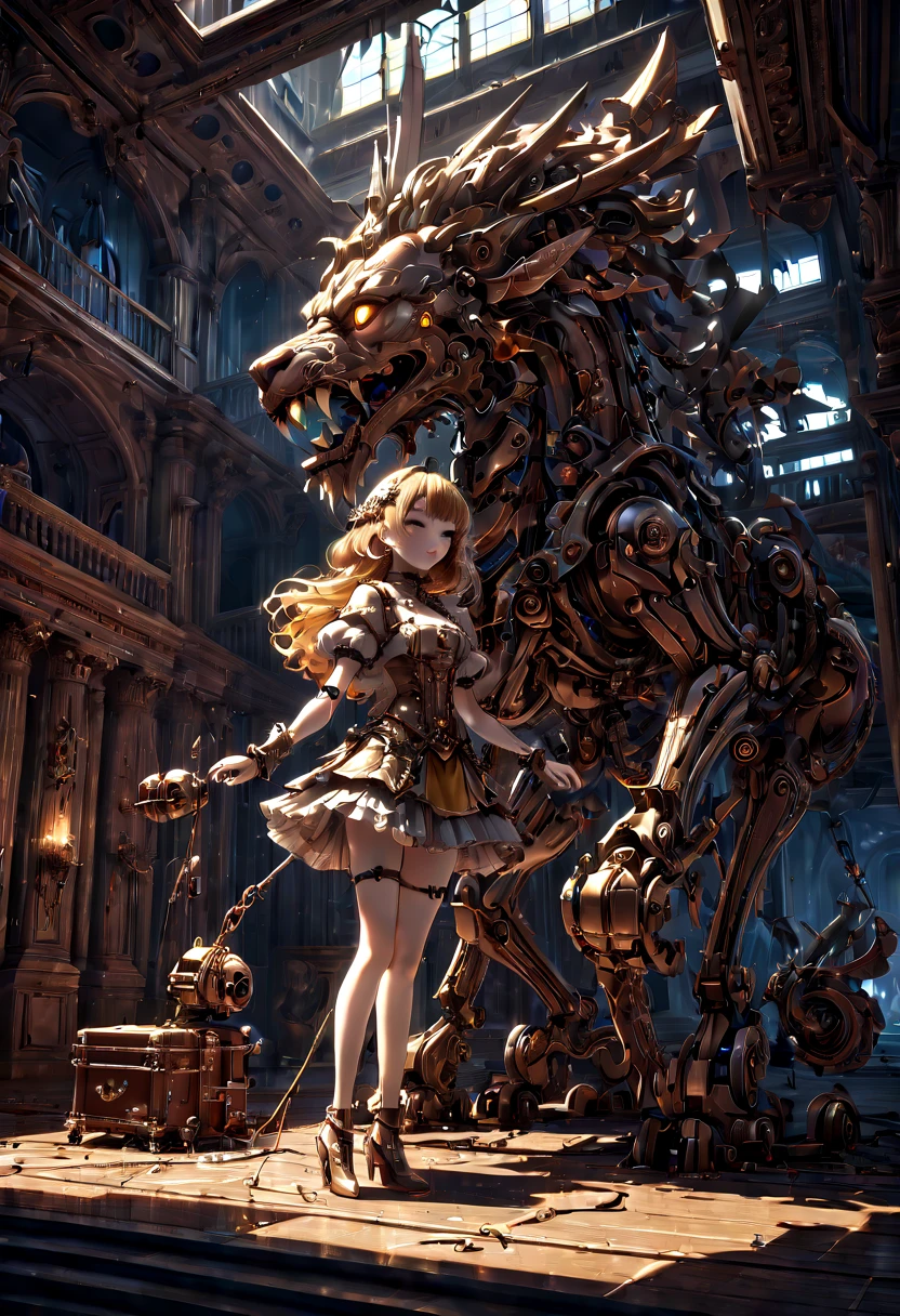 Mechanical Puppet, aesthetic, friendly marionette puppet helping a fallen marionette puppet. theatre background, WLOP, Josephine Wall, ultra detailed! High res, 8k resolution concept art, Behance HD, complementary colors, digital art, golden ratio, shadow depth, Unreal Engine 5, elaborate, meticulous, intricate mech details, ground level shot, 8K resolution, Cinema 4D, Behance HD, polished metal, Unreal Engine 5, rendered in Blender, sci-fi, futuristic, trending on Artstation, epic, cinematic background, dramatic, atmospheric