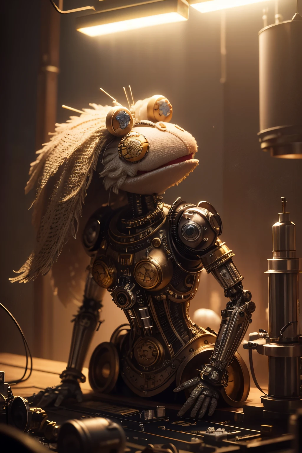 best quality, 32k, RAW photo, incredibly absurdres, extremely detailed, delicate texture, mechanical puppet muppet, fantasy, CG, 3D, cylinders, pistons, gears, IC chips, printed circuit boards, resistors, capacitors, light emitting diode