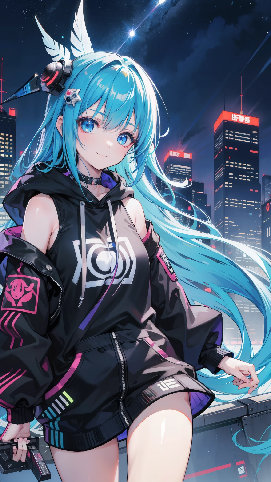 (masutepiece), Best Quality, 超A high resolution,, Cyberpunk 1 girl flies over stunning cityscapes ,Hoodie,Blue hair, neon color流れ星, Very long hair, off shoulders, feathers hair ornament, neon color, flashes, stunning night sky, Cinematic lighting, Photorealistic, Realistic skin, Fisheye, (32k), smile,