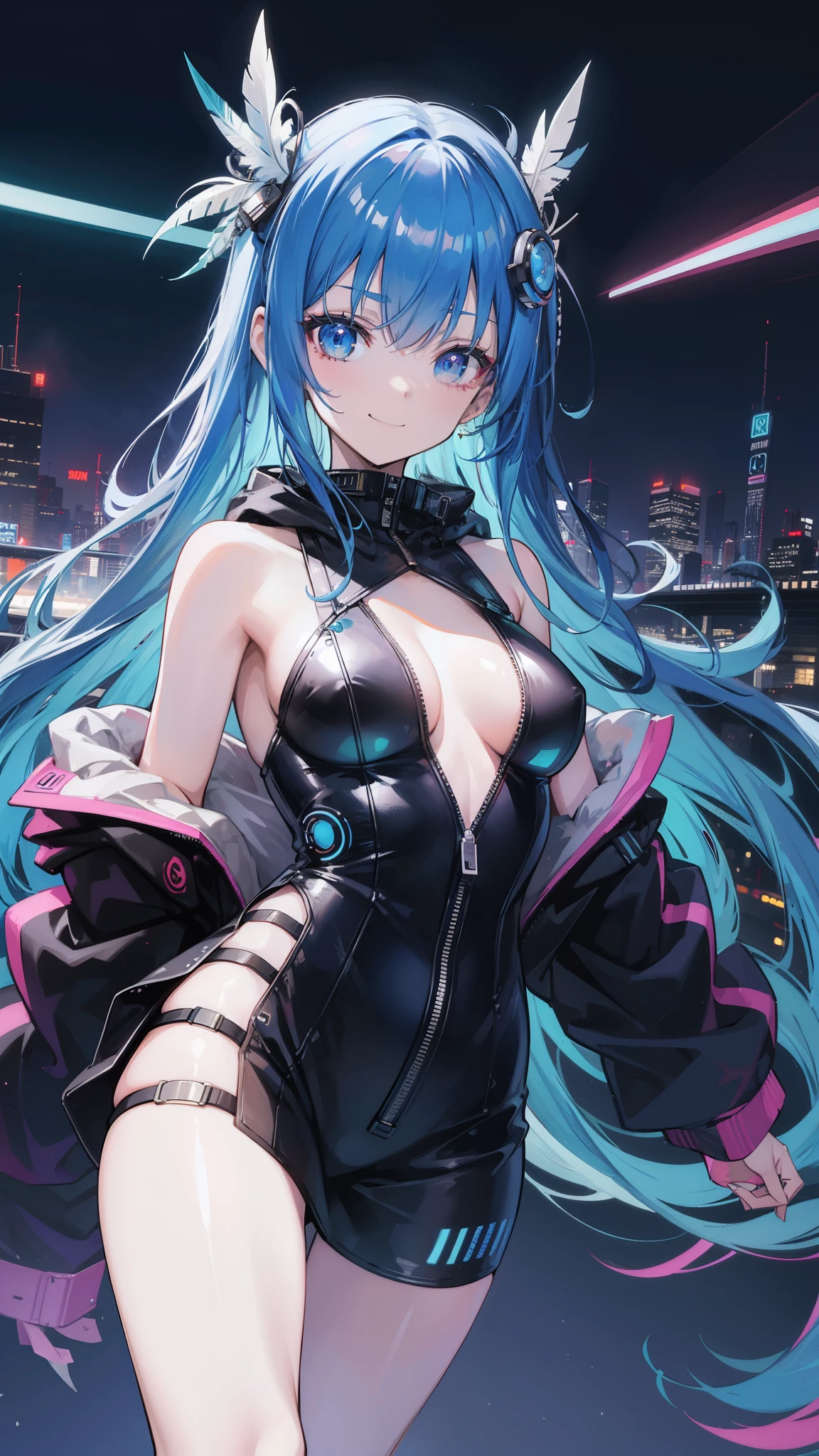 (masutepiece), Best Quality, 超A high resolution,, Cyberpunk 1 girl flies over stunning cityscapes ,Hoodie,Blue hair, neon color流れ星, Very long hair, off shoulders, feathers hair ornament, neon color, flashes, stunning night sky, Cinematic lighting, Photorealistic, Realistic skin, Fisheye, (32k), smile,