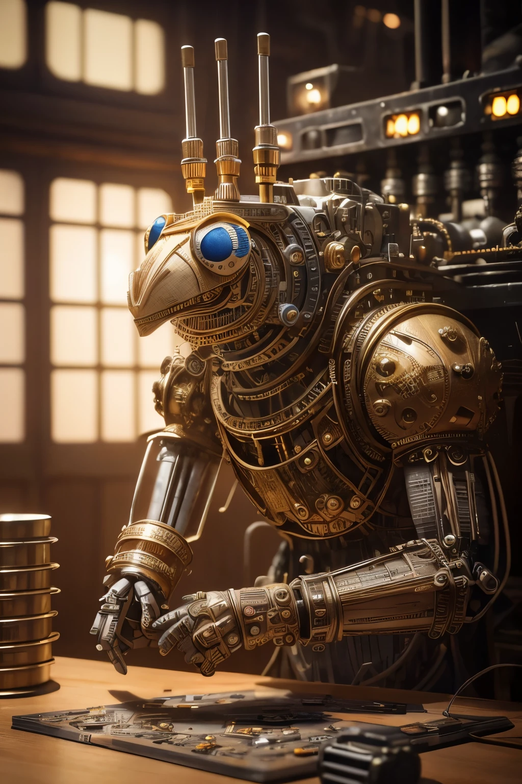best quality, 32k, RAW photo, incredibly absurdres, extremely detailed, delicate texture, mechanical puppet muppet, fantasy, CG, 3D, cylinders, pistons, gears, IC chips, printed circuit boards, resistors, capacitors, light emitting diode