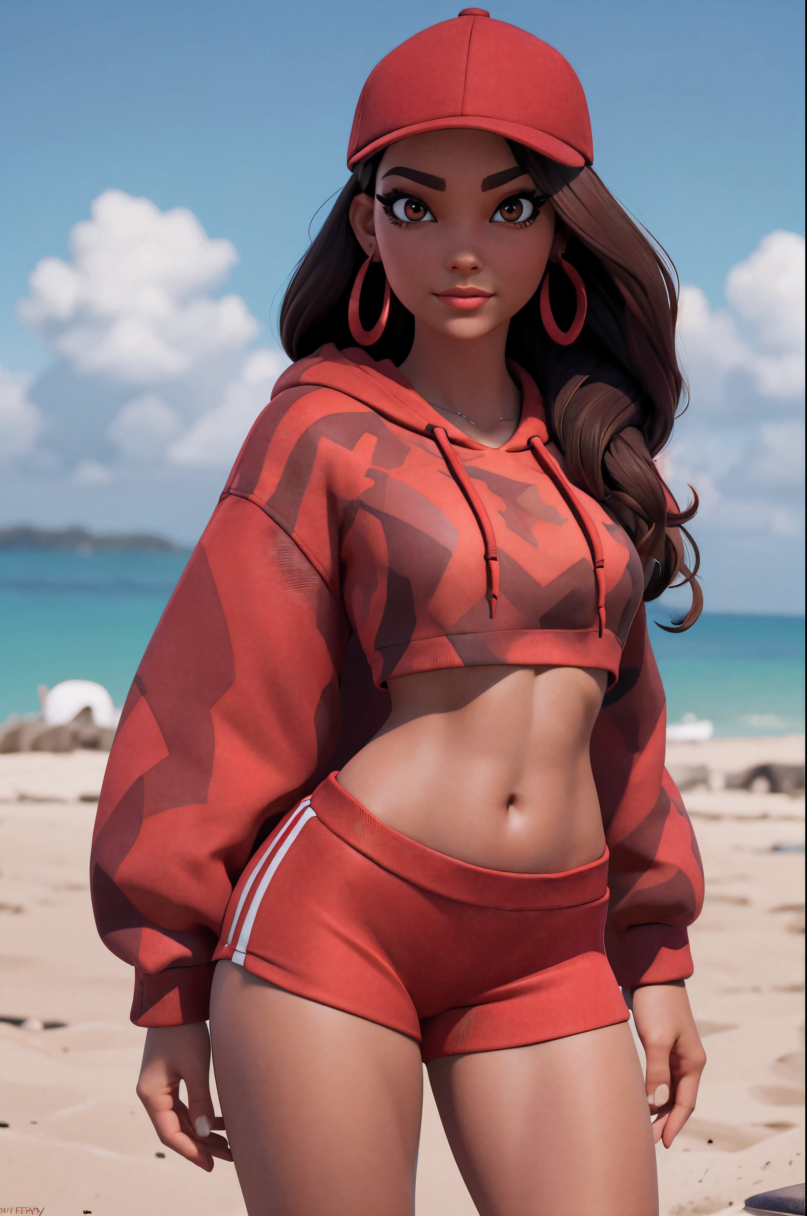 xyzruby, 1girl, brown hair, beautiful, earrings, makeup, vibrant, eyeliner, mascara, 3d render style, looking at viewer, midriff, cropped hoodie, red headwear, red hoodie, panties, no pants, cap, stripe pattern, at the beach