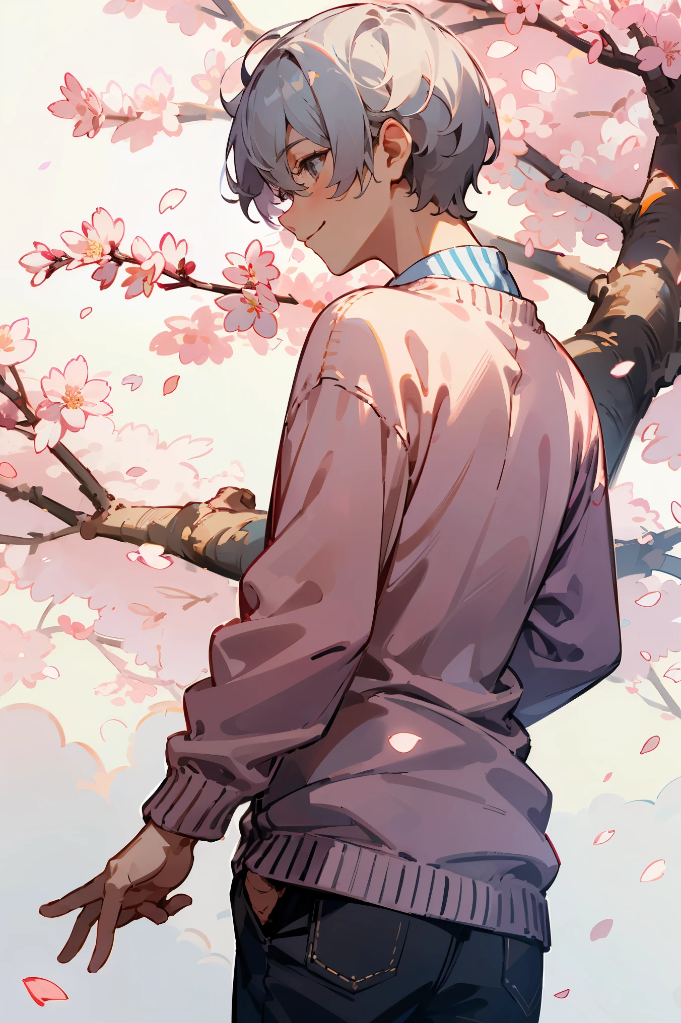 pink cardigan, back view, shoot from front, (highest quality), (masterpiece), 1080p, hd, 4k, 8k, male, smile, beautiful, clean hands, beautiful eyes, gray hair, short hair, cherry blossom petals background, Cherry trees, petals dancing in the wind, both hands are in the crotch,