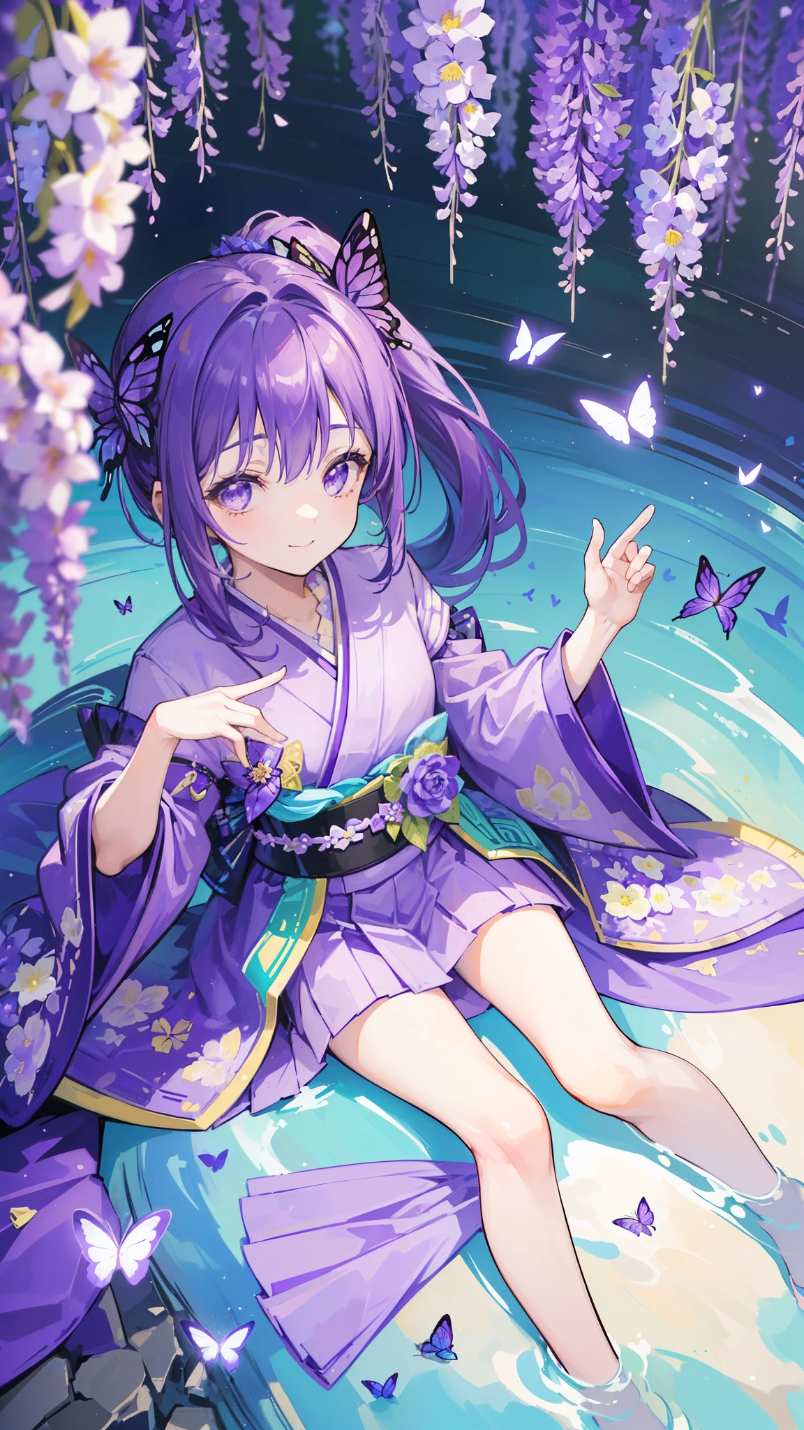 (32k), ((cute girl)), (hight quality), (high-level image quality), (smile), (hight quality wisteria flowers background), (32k background), (wisteria trellis), (purple short ponytail), (purple eyes), (18 years old), (illustration), (purple light particles), (purple kimono), (purple Japanese clothes), (((from above))), (32k), (beautiful cute girl), (butterfly ornament), (butterfly dresany butterflies)), (((background of many flowers ))), (((bright background))), (beautiful world), (cute world), (smile), (((beautiful quality))), (((the floor is on the water))),