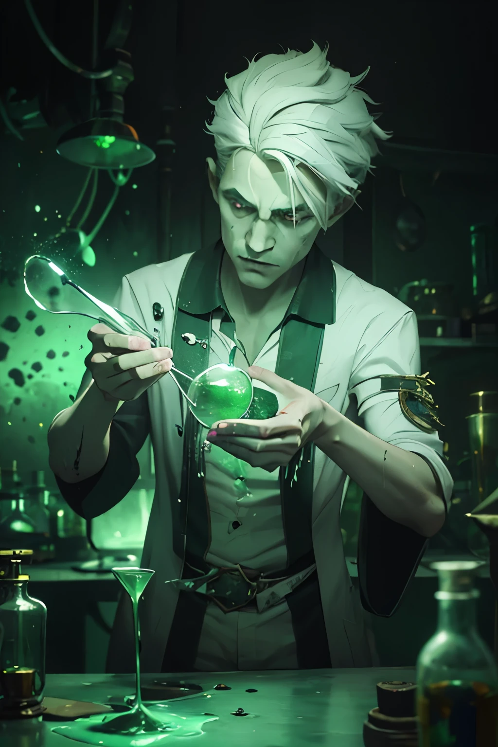 Man creating a green-colored potion in a dim laboratory with finished details, imagem detalhada e em 4k, messy and crazy white hair
