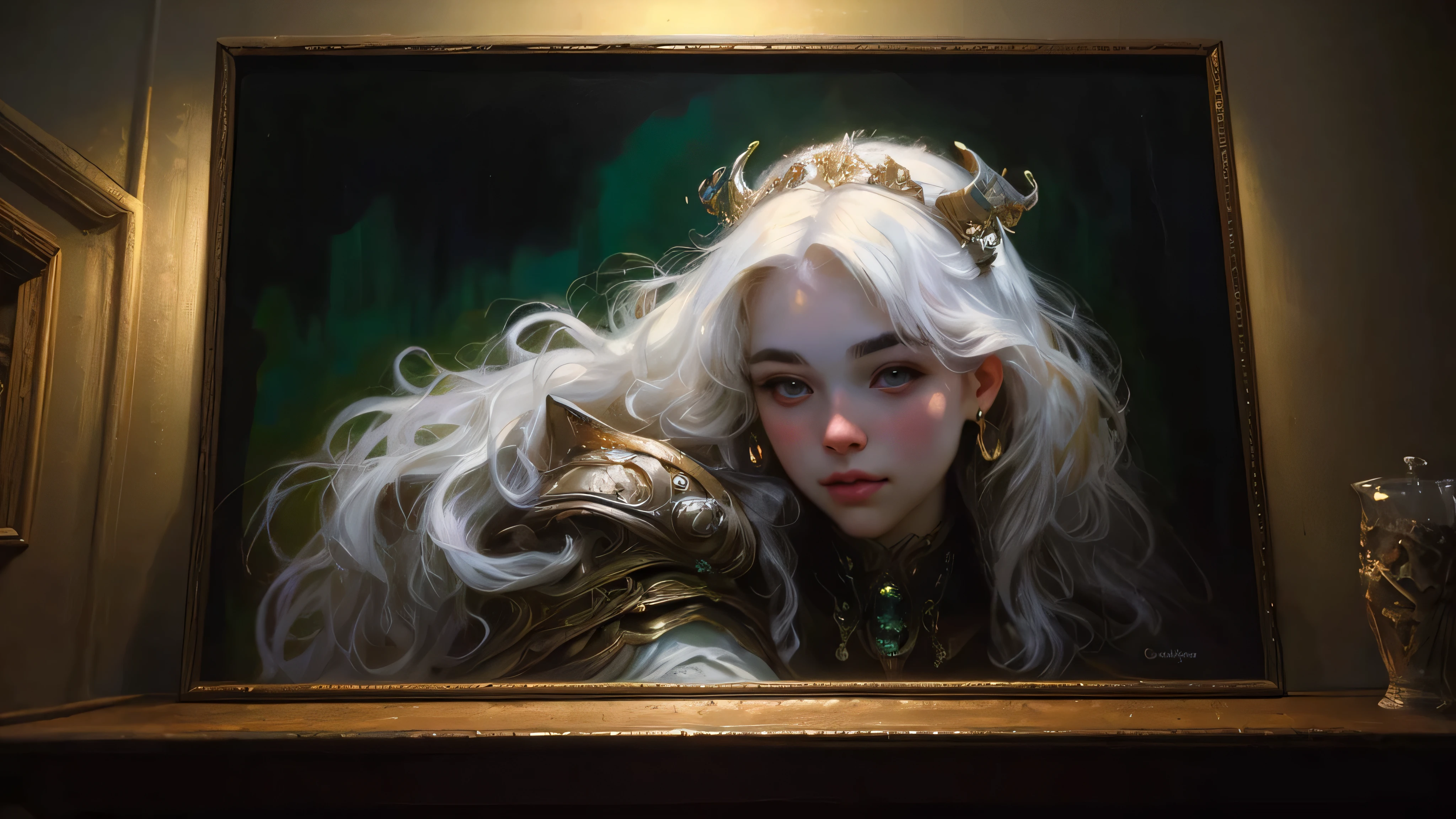 Stunning photorealistic portrait oil painting of 1 beautiful wizard girl full body in room full of comfort candle cast light  and shadows, albino, white skin, white shapeless cyberpunk hair, ((white eyebrows)), baroque intricate armor, solo, hyperdetailed painting, luminism, Bar lighting, complex, 4k resolution concept art portrait by Greg Rutkowski, Artgerm, WLOP, Alphonse Mucha, realistic fantasy, fractal isometrics details bioluminescence, beautiful awesome, intricately detailed, cinematic, trending on artstation | Isometric | Centered hypereallistic cover photo awesome full color, dark, gritty, realistic, Alphonse Mucha, Gustav Klimt, ((chiaroscuro oil painting gradient background))