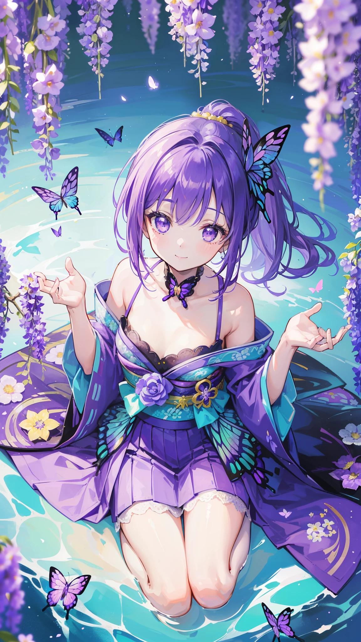 (32k), ((cute girl)), (hight quality), (high-level image quality), (smile), (hight quality wisteria flowers background), (32k background), (wisteria trellis), (purple short ponytail), (purple eyes), (18 years old), (illustration), (purple light particles), (purple kimono), (purple Japanese clothes), (((from above))), (32k), (beautiful cute girl), (butterfly ornament), (butterfly dresany butterflies)), (((background of many flowers ))), (((bright background))), (beautiful world), (cute world), (smile), (((beautiful quality))), (((the floor is on the water))),