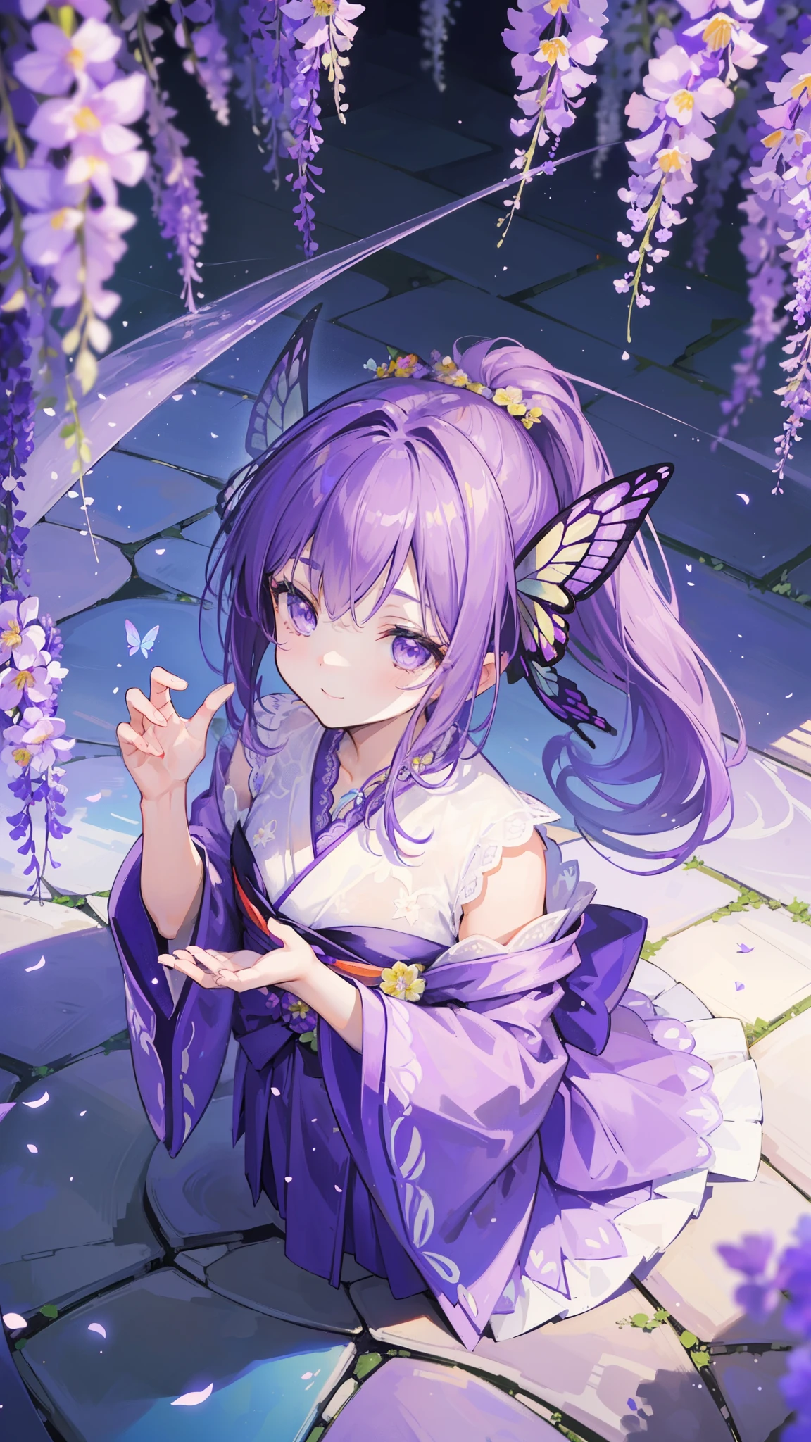 (32k), ((cute girl)), (hight quality), (high-level image quality), (smile), (hight quality wisteria flowers background), (32k background), (wisteria trellis), (purple short ponytail), (purple eyes), (18 years old), (illustration), (purple light particles), (purple kimono), (purple Japanese clothes), (((from above))), (32k), (beautiful cute girl), (butterfly ornament), (butterfly dresany butterflies)), (((background of many flowers ))), (((bright background))), (beautiful world), (cute world), (smile), (((beautiful quality))), (((the floor is on the water))),