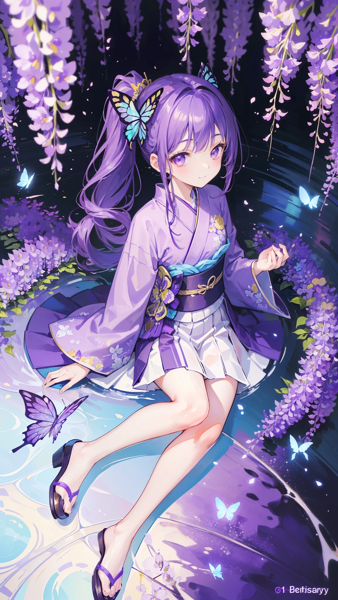 (32k), ((cute girl)), (hight quality), (high-level image quality), (smile), (hight quality wisteria flowers background), (32k background), (wisteria trellis), (purple short ponytail), (purple eyes), (18 years old), (illustration), (purple light particles), (purple kimono), (purple Japanese clothes), (((from above))), (32k), (beautiful cute girl), (butterfly ornament), (butterfly dresany butterflies)), (((background of many flowers ))), (((bright background))), (beautiful world), (cute world), (smile), (((beautiful quality))), (((the floor is on the water surface))),
