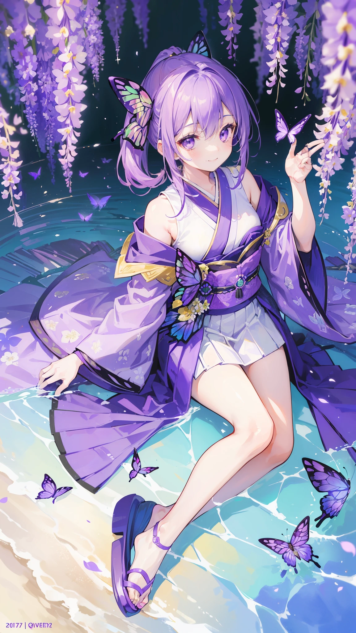 (32k), ((cute girl)), (hight quality), (high-level image quality), (smile), (hight quality wisteria flowers background), (32k background), (wisteria trellis), (purple short ponytail), (purple eyes), (18 years old), (illustration), (purple light particles), (purple kimono), (purple Japanese clothes), (((from above))), (32k), (beautiful cute girl), (butterfly ornament), (butterfly dresany butterflies)), (((background of many flowers ))), (((bright background))), (beautiful world), (cute world), (smile), (((beautiful quality))), (((the floor is on the water surface))),