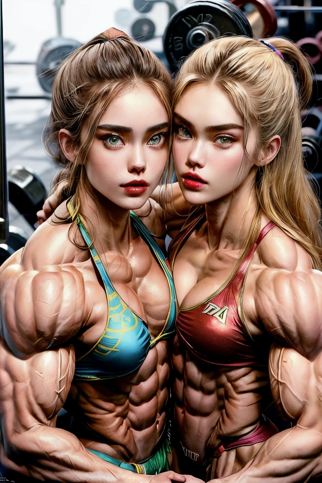 (2 girls body builders:1.6), ((masterpiece)), best quality, ultra-detailed:1.7, finely detail, high resolution:1.6, perfect dynamic composition, beautiful detailed faces:1.77, blonde babes:1.88, perfect red lipstick, perfect makeup:1.8, short bikini , extra large breasts:1.4, lovely look:1.7, gorgeous face:1.6, defined muscles:1.4, beautiful faces:1.8, alessandra ambrossio, izabel goulart, Kate Upton, Gigi Hadid, candice swanpoel ,popped out dense veins on muscles:1.8, hyper detailed picture:1.4, 8k resolution: 1.7, flex muscles:1.3, hyper muscular body shape:1.42, photorealistic:1.5, realistic:1.6, face masterpiece:1.74, good and professional lighting on picture:1.38, Ukrainian-Moroccan muscle beauty goddess, masterpiece 24 years old Madison beer and Ariana Grande as bodybuilders, extremely high resolution, hyper feminine beauty , hyper realistic texture , extra large , hyper muscularity, hyper vascularity, ripped body shape, ripped sexy ass with bikini, muscular ass , topless, kissing, good face details, hyper face detailing, doing sex, very detailed muscle fibres, sexy french kiss, romantic, romantic moment, serious muscle posing, hard muscular ass, ass muscle fibres