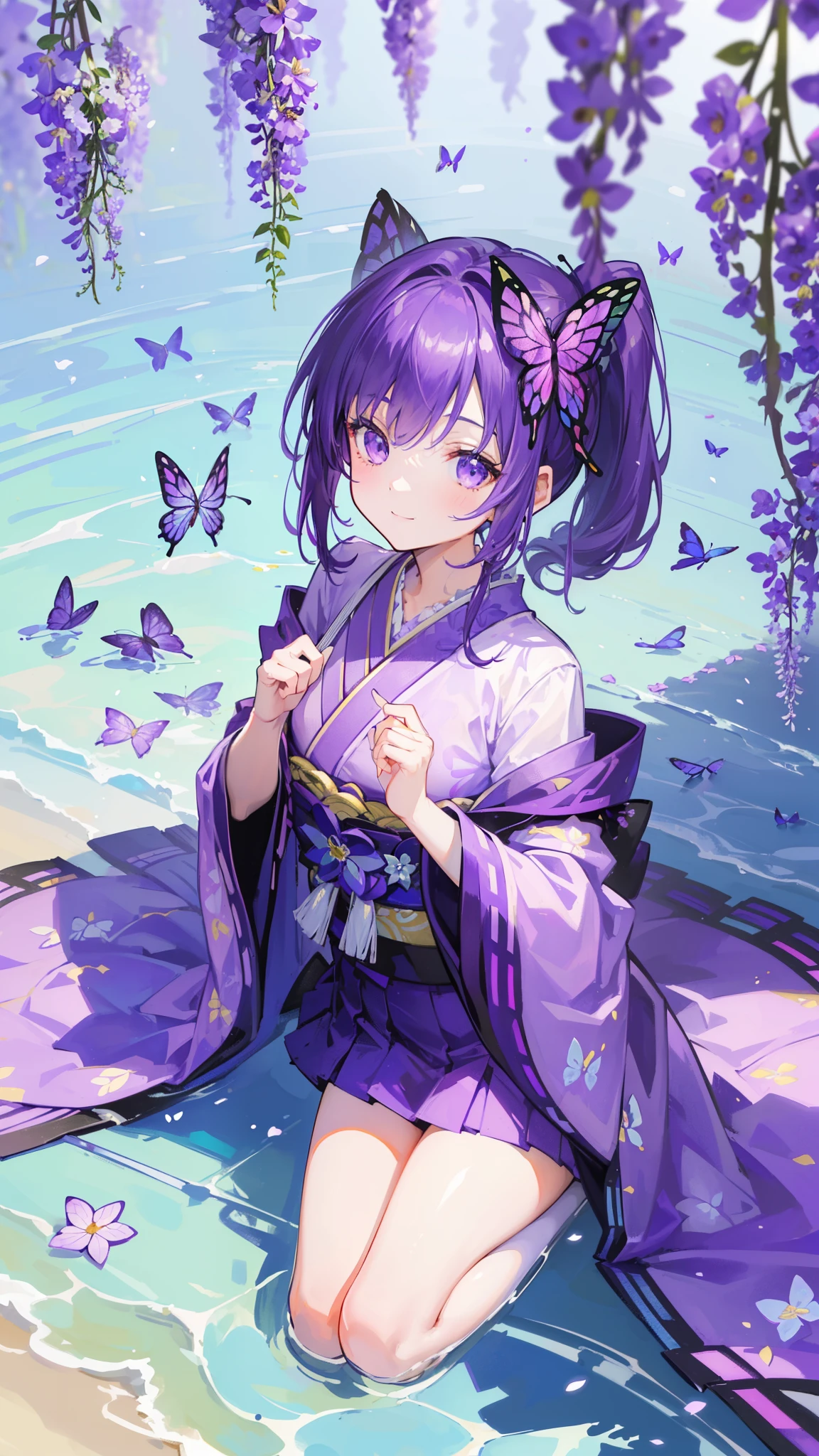 (32k), ((cute girl)), (hight quality), (high-level image quality), (smile), (hight quality wisteria flowers background), (32k background), (wisteria trellis), (purple short ponytail), (purple eyes), (18 years old), (illustration), (purple light particles), (purple kimono), (purple Japanese clothes), (((from above))), (32k), (beautiful cute girl), (butterfly ornament), (butterfly dresany butterflies)), (((background of many flowers ))), (((bright background))), (beautiful world), (cute world), (smile), (((beautiful quality))), (((the floor is on the water surface))),