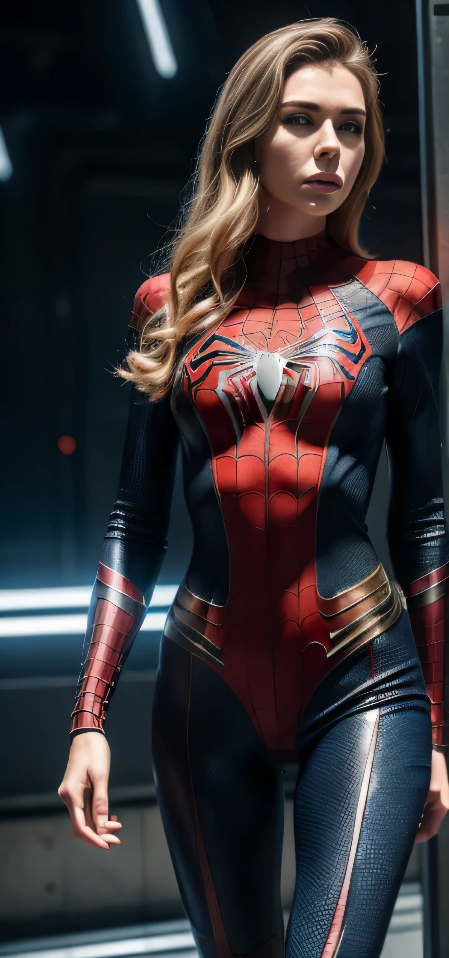 ((masterpiece, 8K, 3D, Realistic, Super Detail)), (1girl:1.3), slender 17 age, Ultra Micro photography, Super realistic, Perfect face, Beautiful features, ((Perfect female body)) Beautiful features, ( body), ((small hip)), Vanessa Kirby as Spiderman ((Exposed thigh)), Exposed Skin, Front Full body Shot, full body portrait, futuristic city background
