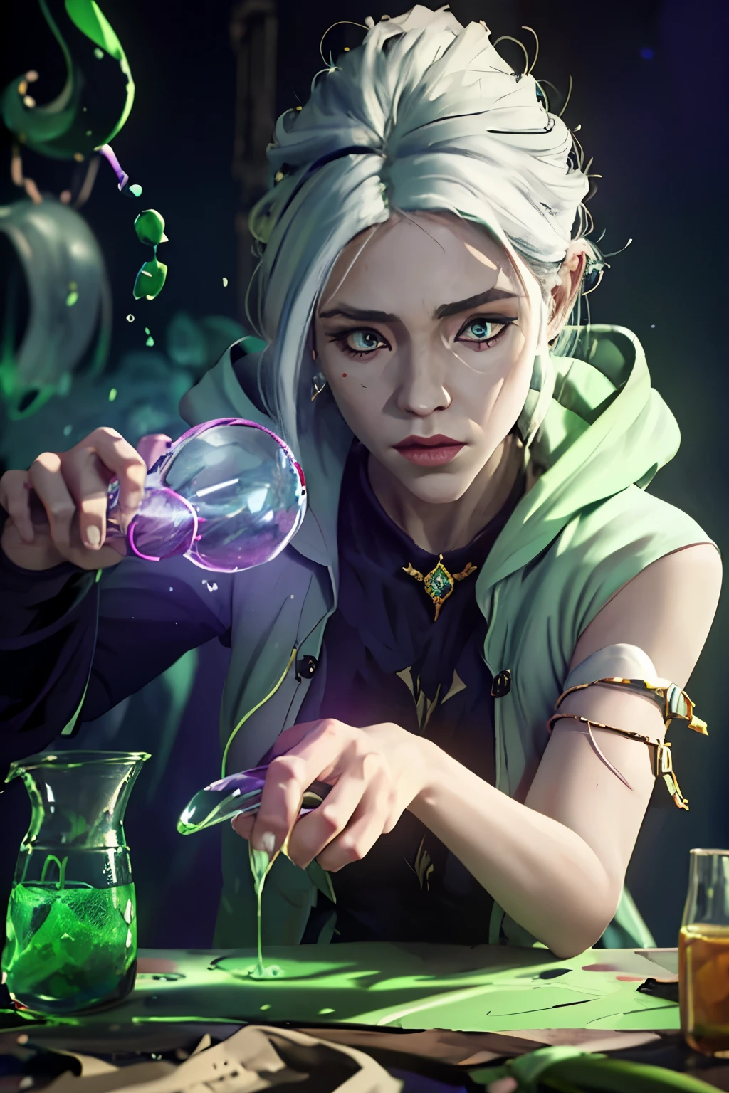 WOMAN creating a green-colored potion in a dim laboratory with finished details, imagem detalhada e em 4k, messy and crazy white hair, detalhado, full detalhado, com particulas, detalhado, 4k