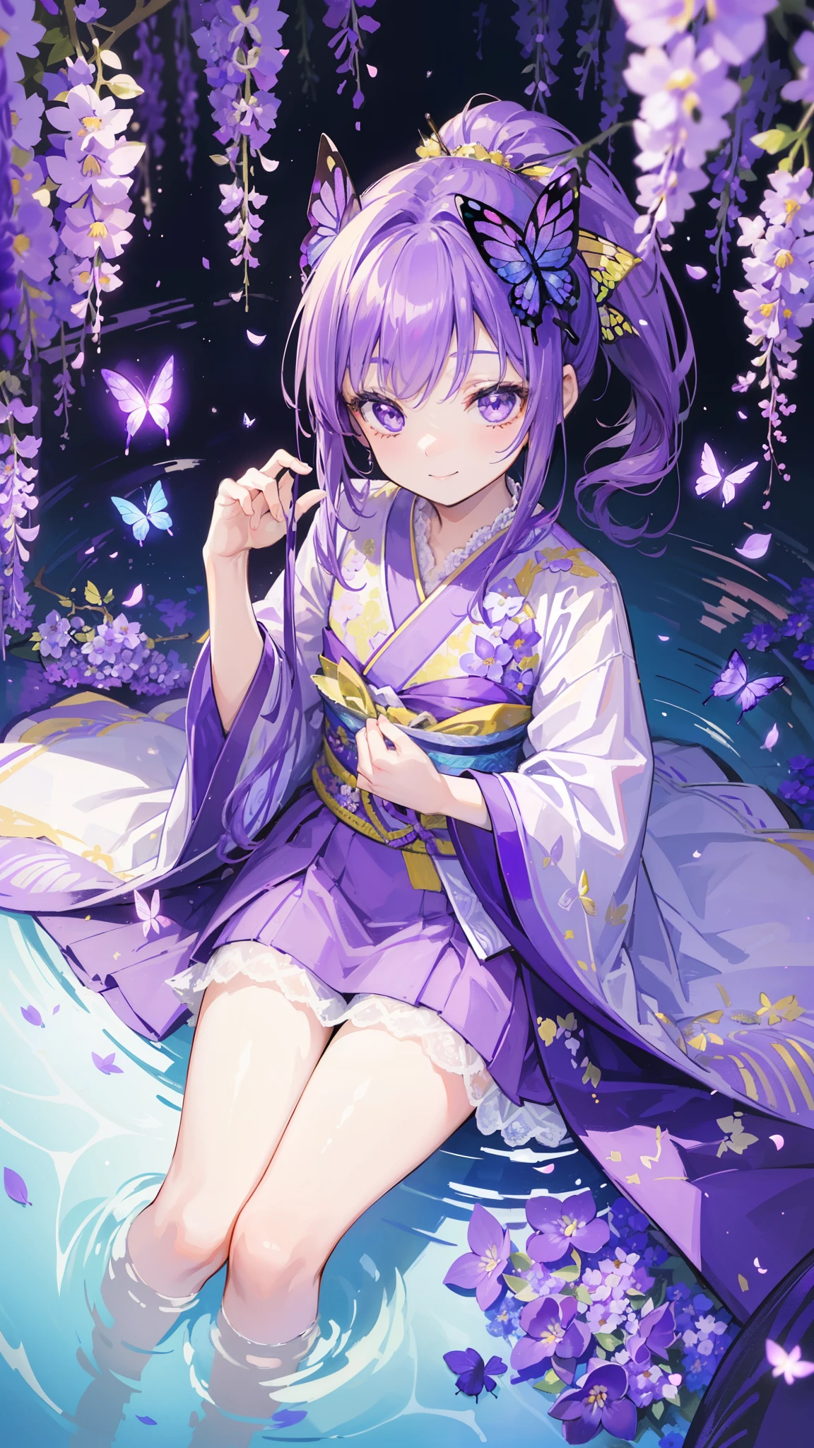 (32k), ((cute girl)), (hight quality), (high-level image quality), (smile), (hight quality wisteria flowers background), (32k background), (wisteria trellis), (purple short ponytail), (purple eyes), (18 years old), (illustration), (purple light particles), (purple kimono), (purple Japanese clothes), (((from above))), (32k), (beautiful cute girl), (butterfly ornament), (butterfly dresany butterflies)), (((background of many flowers ))), (((bright background))), (beautiful world), (cute world), (smile), (((beautiful quality))), (((the floor is on the water))),